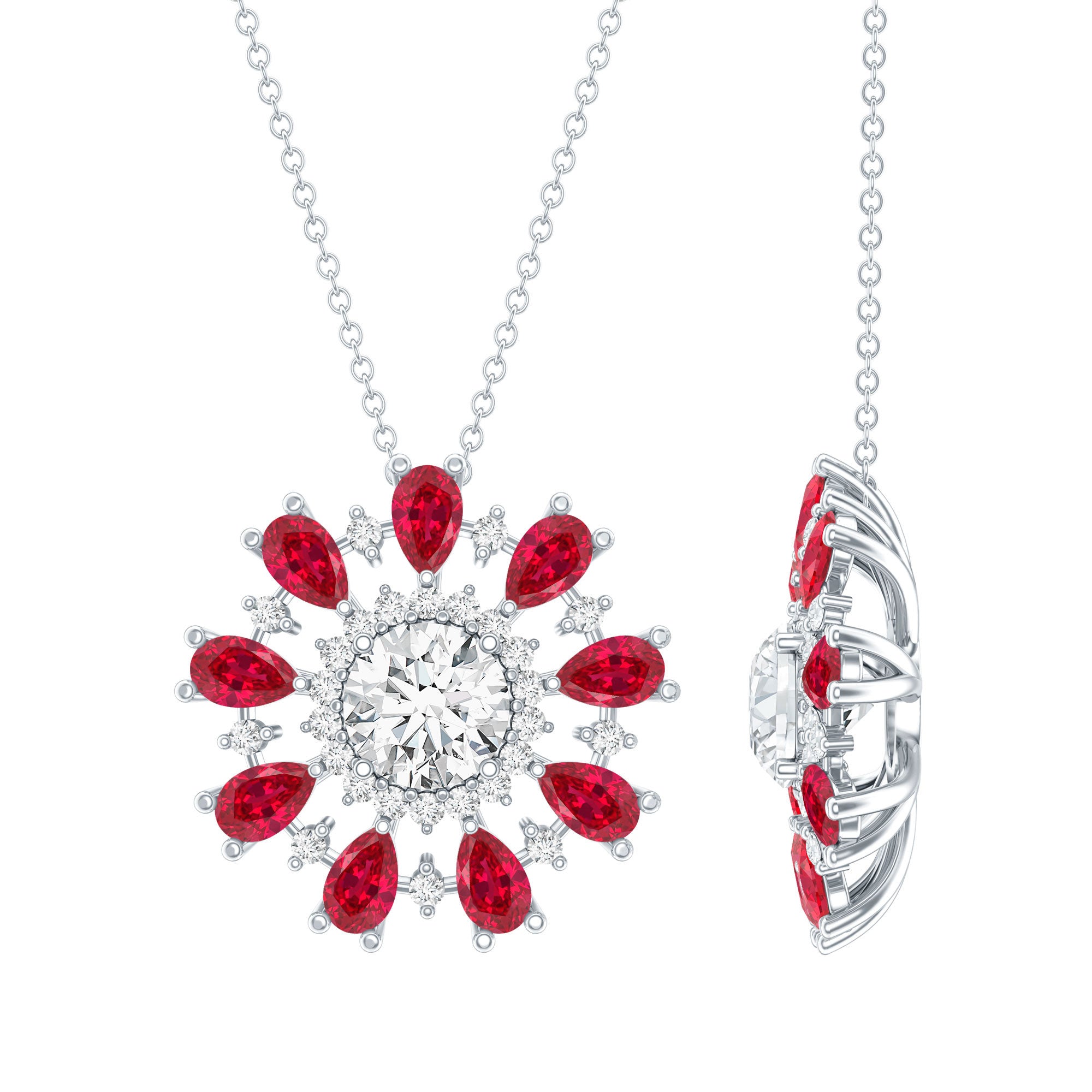 Certified 1.3 Carat Moissanite Statement Flower Necklace with Lab Grown Ruby AAAA 92.5 Sterling Silver - Rosec Jewels