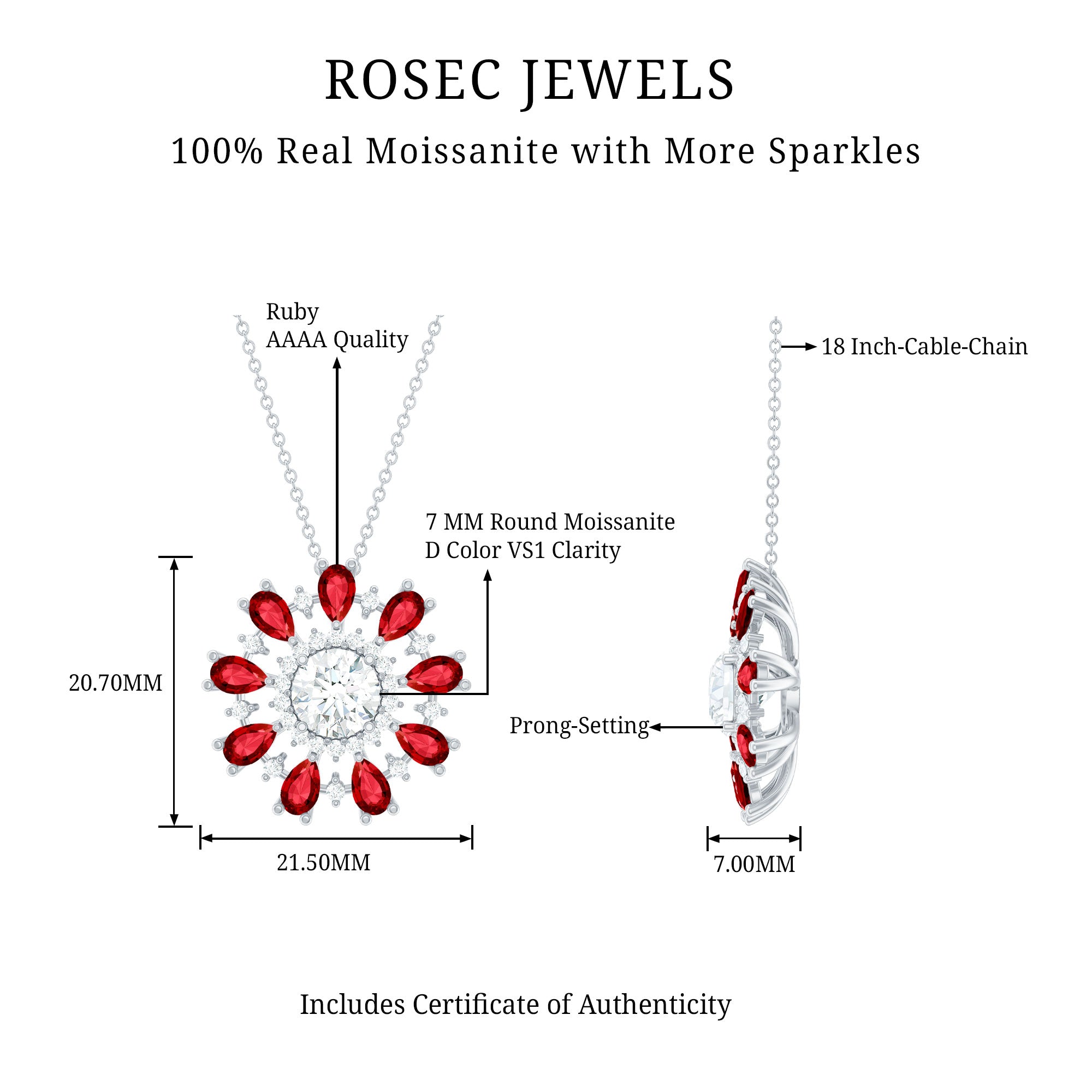 Certified 1.3 Carat Moissanite Statement Flower Necklace with Lab Grown Ruby AAAA 92.5 Sterling Silver - Rosec Jewels