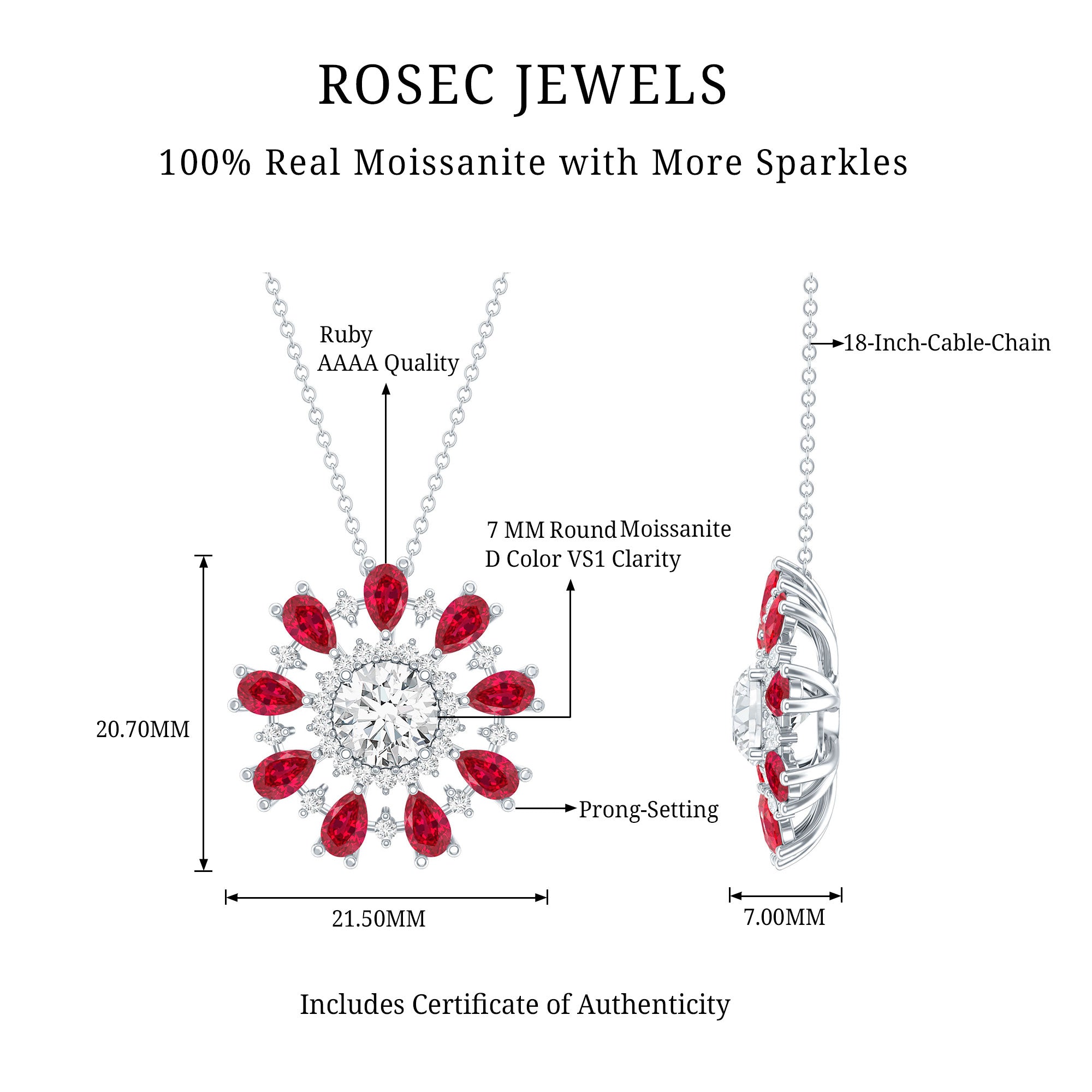 Certified 1.3 Carat Moissanite Statement Flower Necklace with Lab Grown Ruby AAAA 92.5 Sterling Silver - Rosec Jewels