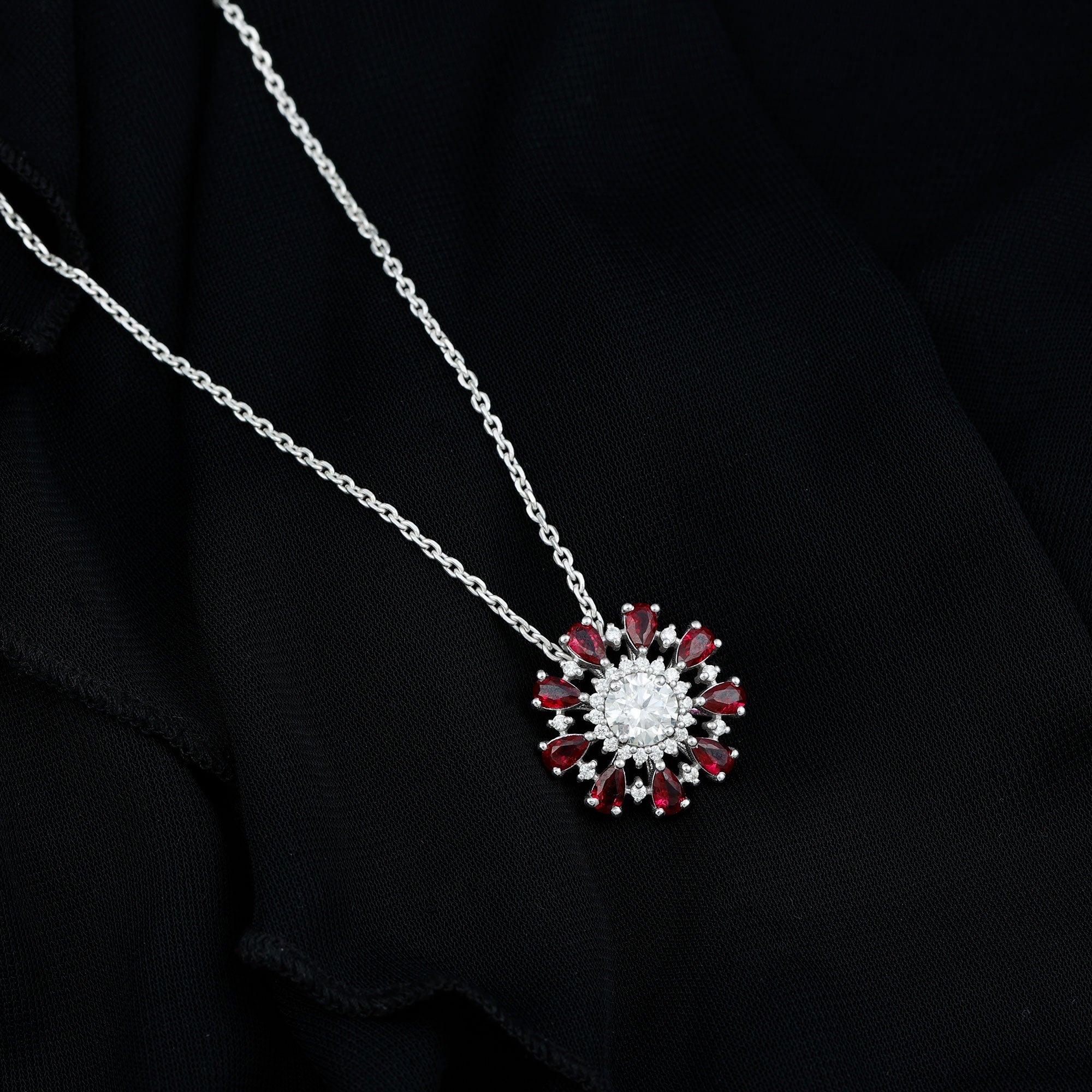 Certified 1.3 Carat Moissanite Statement Flower Necklace with Lab Grown Ruby AAAA 92.5 Sterling Silver - Rosec Jewels