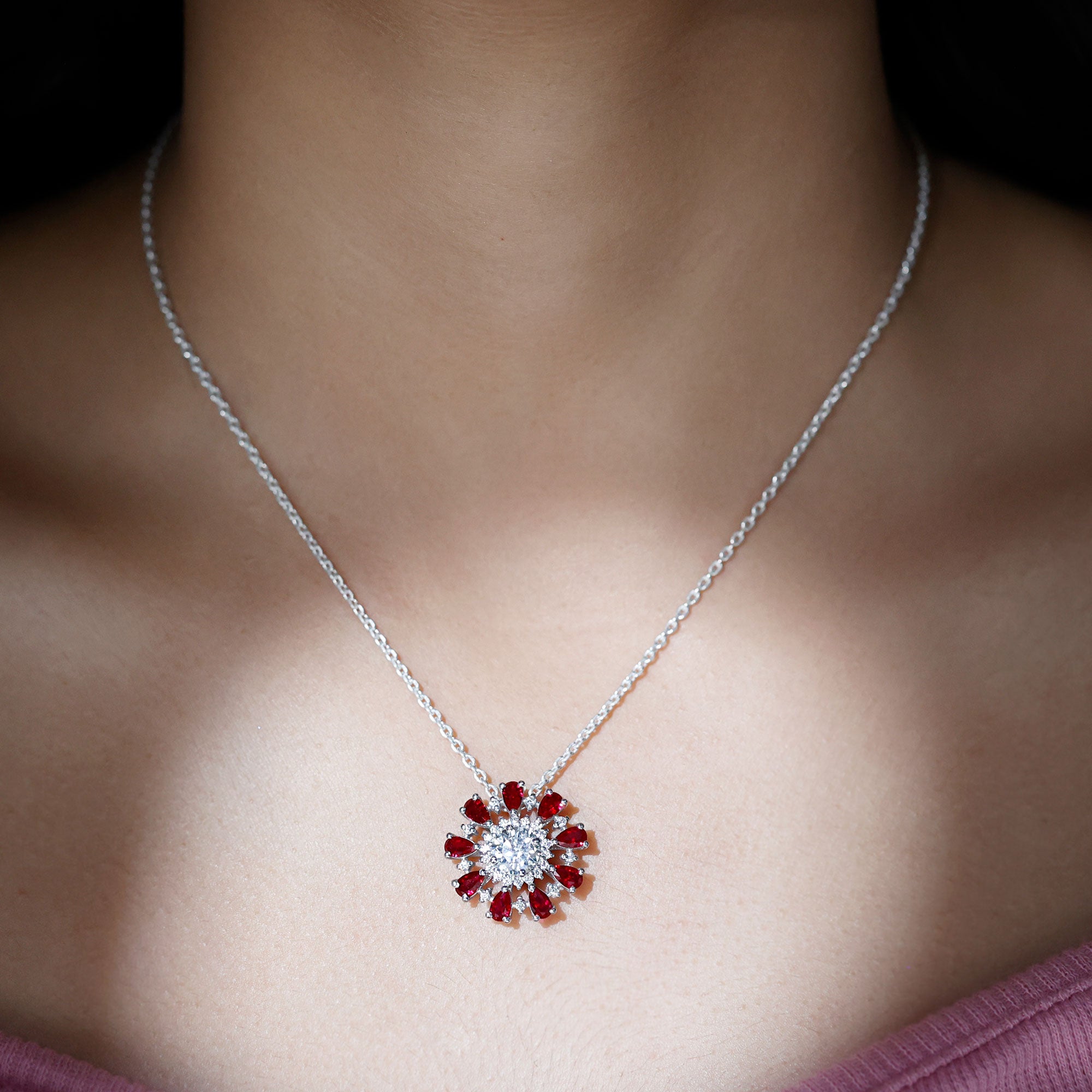 Certified 1.3 Carat Moissanite Statement Flower Necklace with Lab Grown Ruby AAAA 92.5 Sterling Silver - Rosec Jewels
