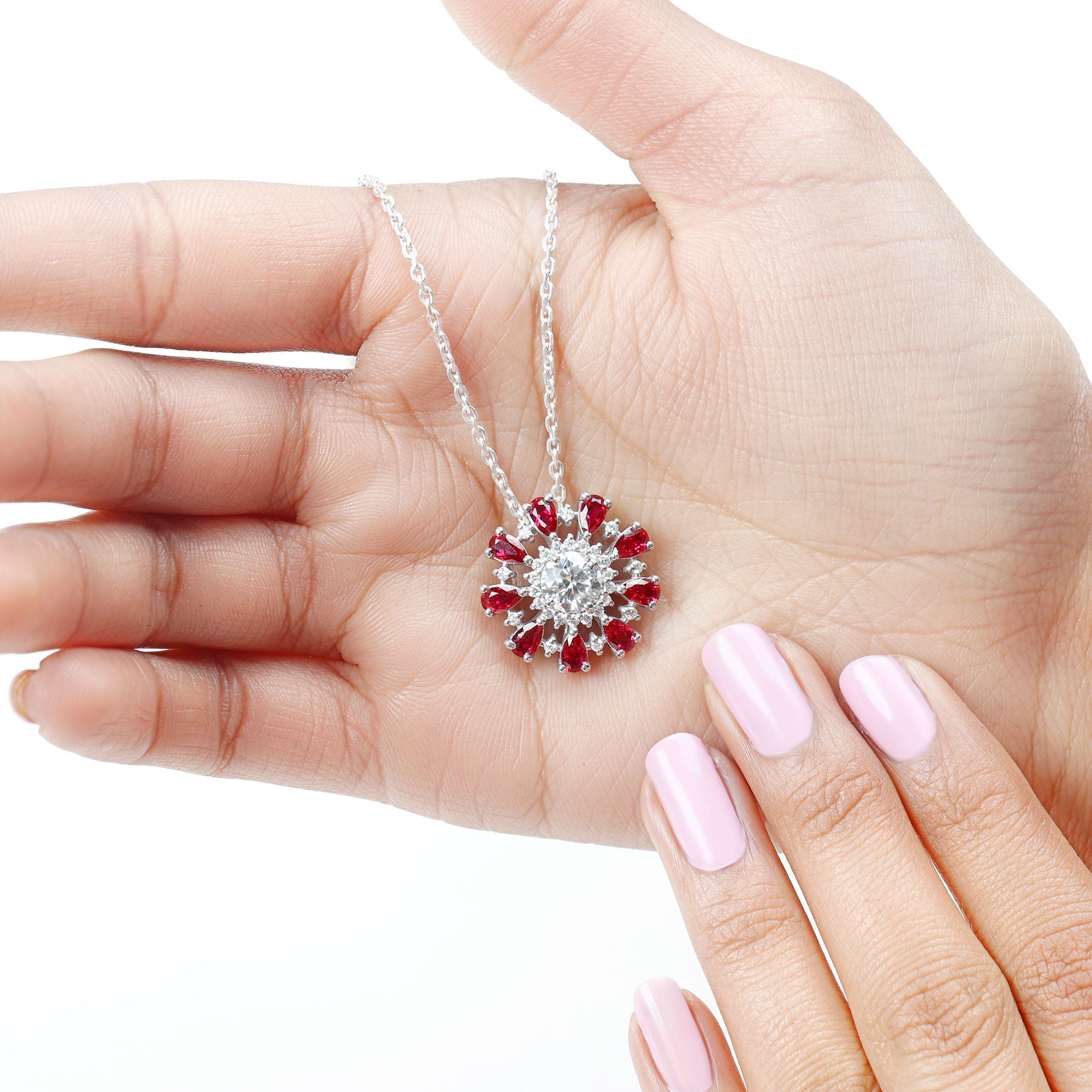 Certified 1.3 Carat Moissanite Statement Flower Necklace with Lab Grown Ruby AAAA 92.5 Sterling Silver - Rosec Jewels