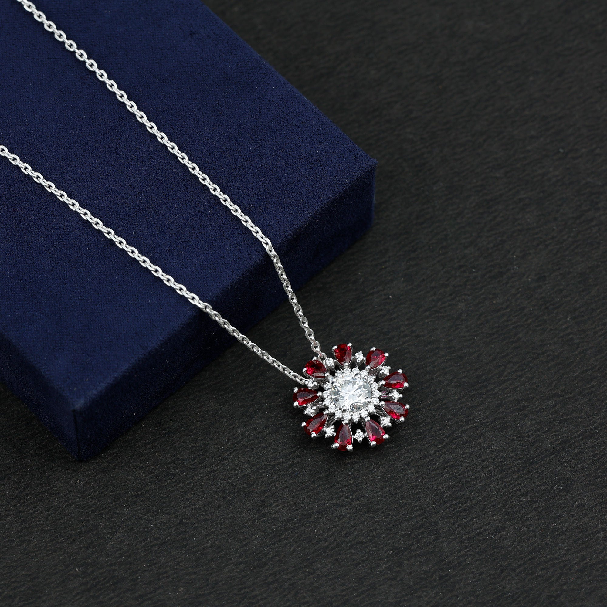 Certified 1.3 Carat Moissanite Statement Flower Necklace with Lab Grown Ruby AAAA 92.5 Sterling Silver - Rosec Jewels