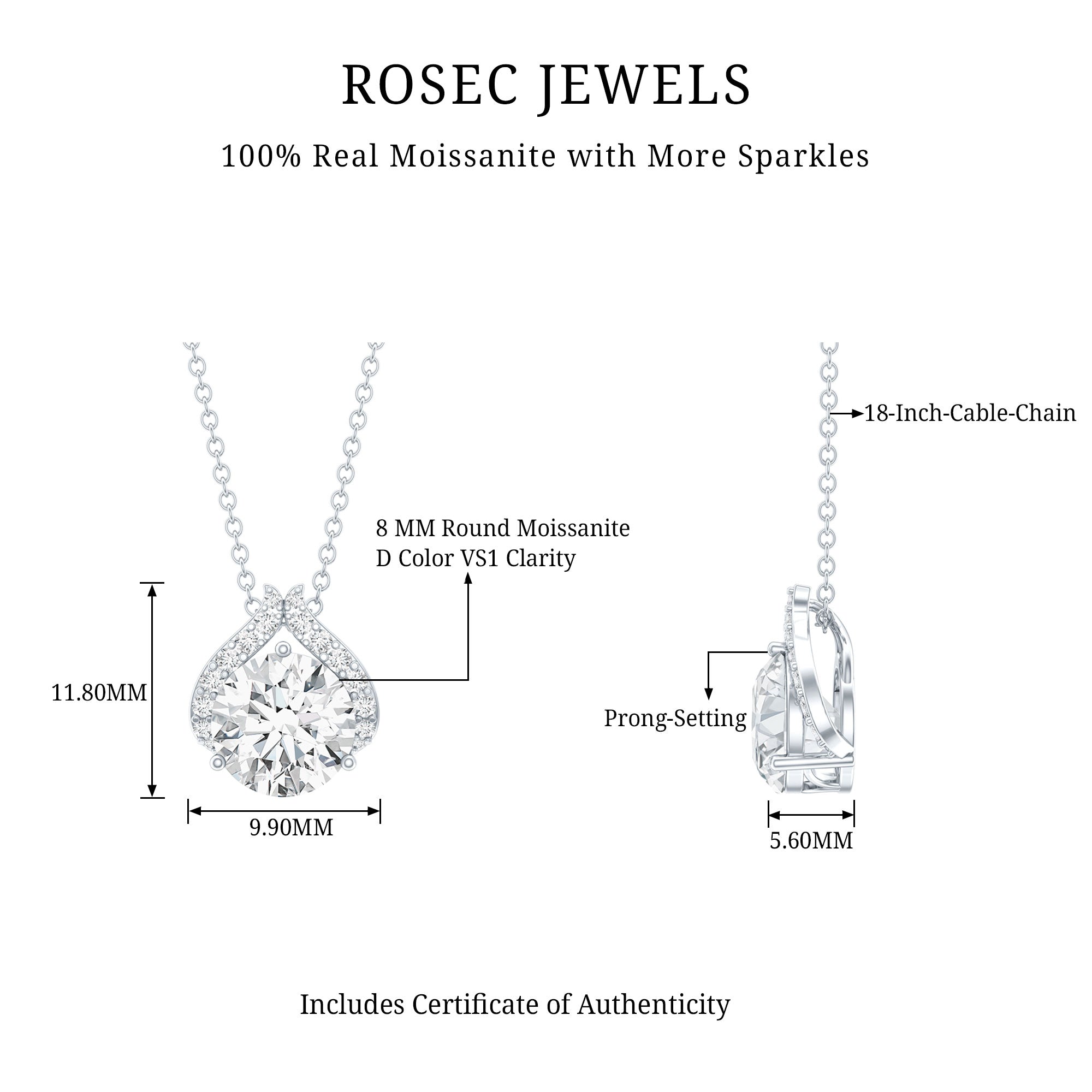 Certified 2 Carat Moissanite Pendant Necklace with Silver Chain D-VS1 92.5 Sterling Silver - Rosec Jewels