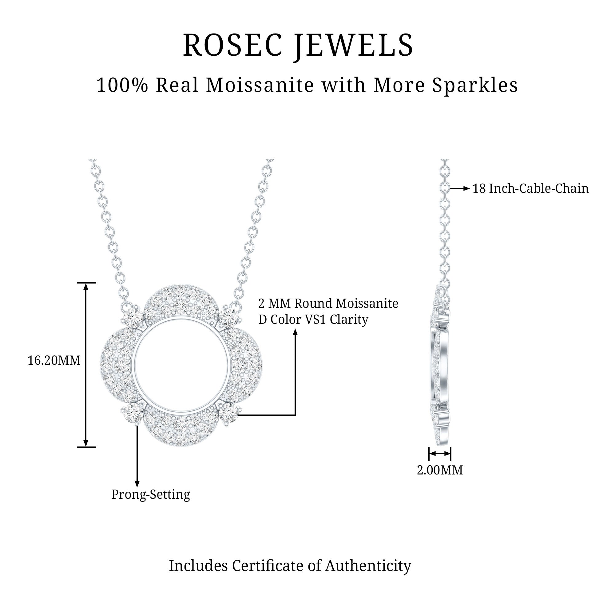 Moissanite Flower Pendant Necklace With Silver Chain D-VS1 92.5 Sterling Silver - Rosec Jewels