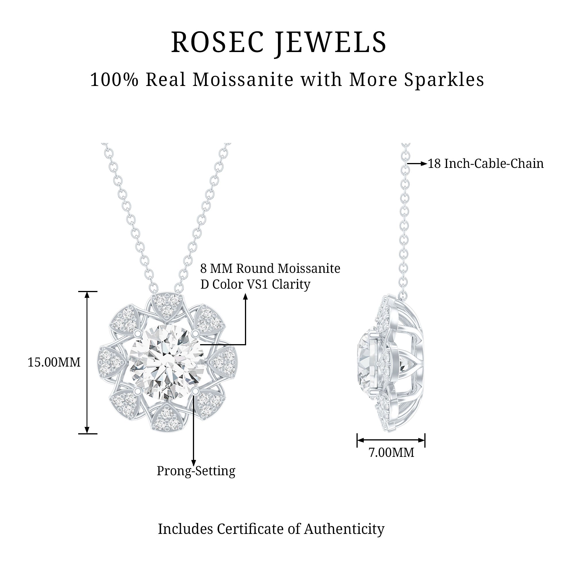 2 Carat Brilliant Cut Moissanite Bridal Necklace With Silver Chain D-VS1 92.5 Sterling Silver - Rosec Jewels