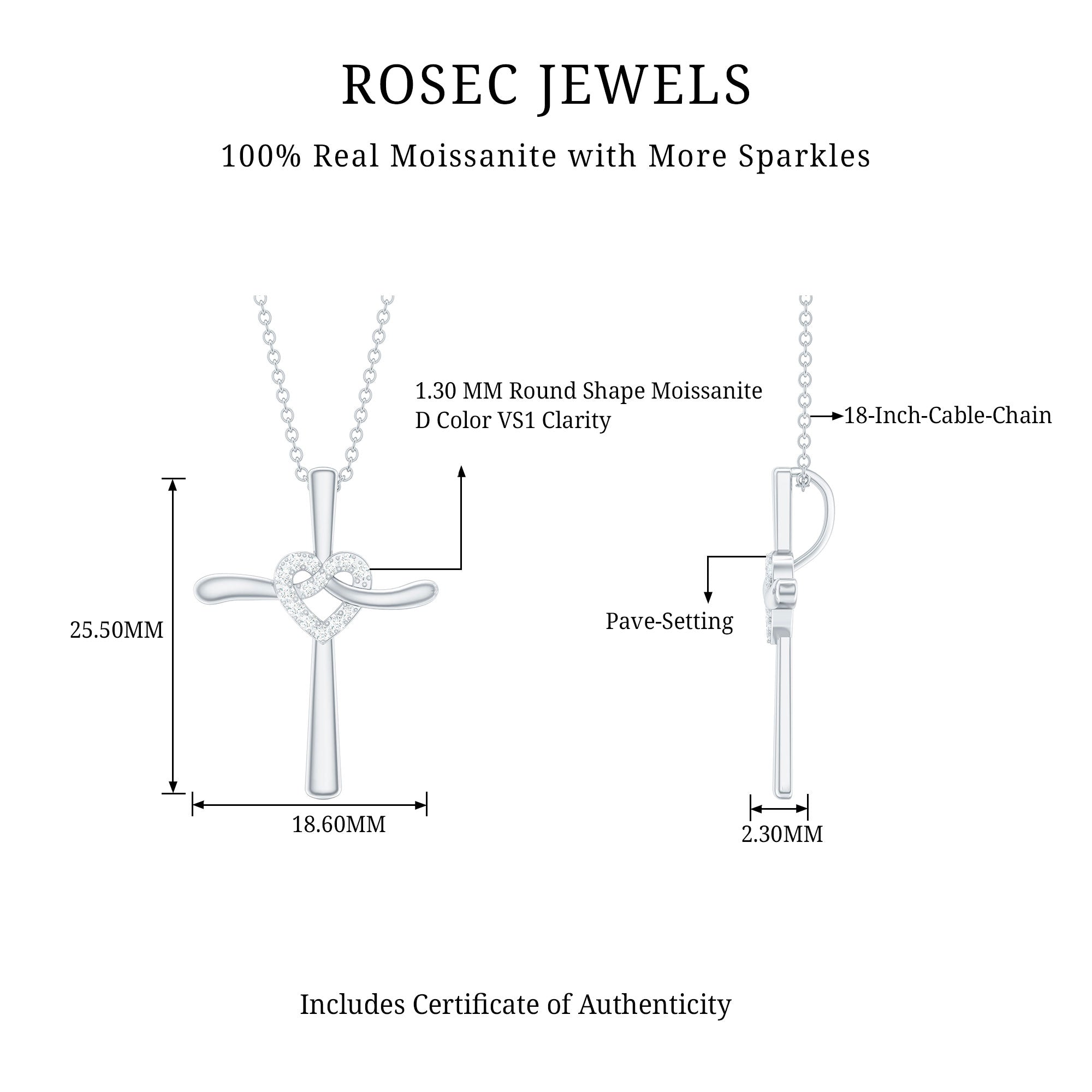Certified Moissanite Cross Heart Pendant Necklace with Silver Chain D-VS1 92.5 Sterling Silver - Rosec Jewels