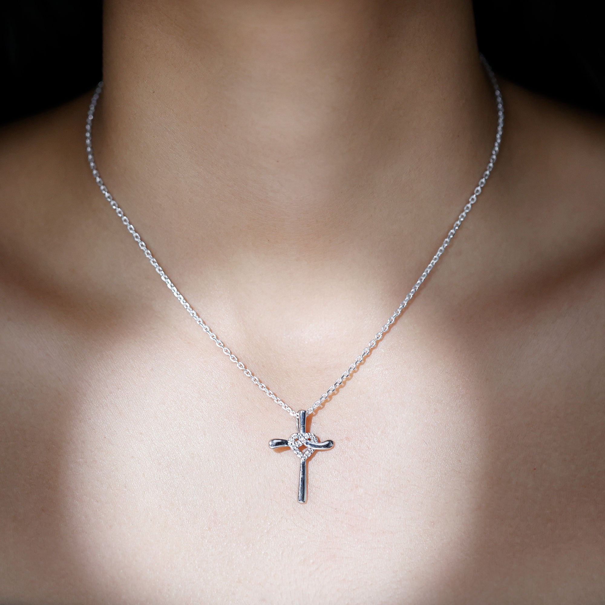 Certified Moissanite Cross Heart Pendant Necklace with Silver Chain D-VS1 92.5 Sterling Silver - Rosec Jewels