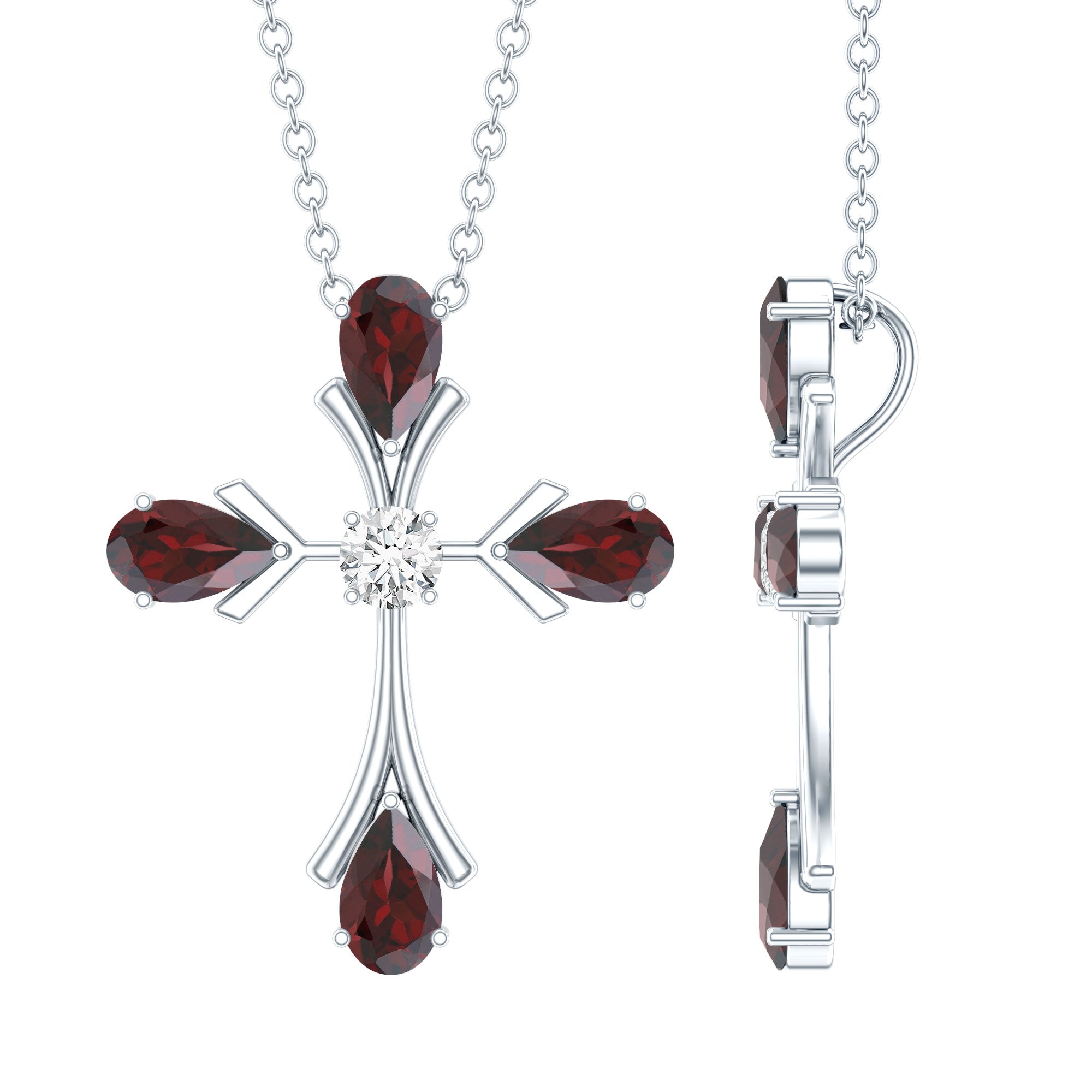 Real Garnet Designer Cross Necklace with Silver Chain AAA 92.5 Sterling Silver - Rosec Jewels