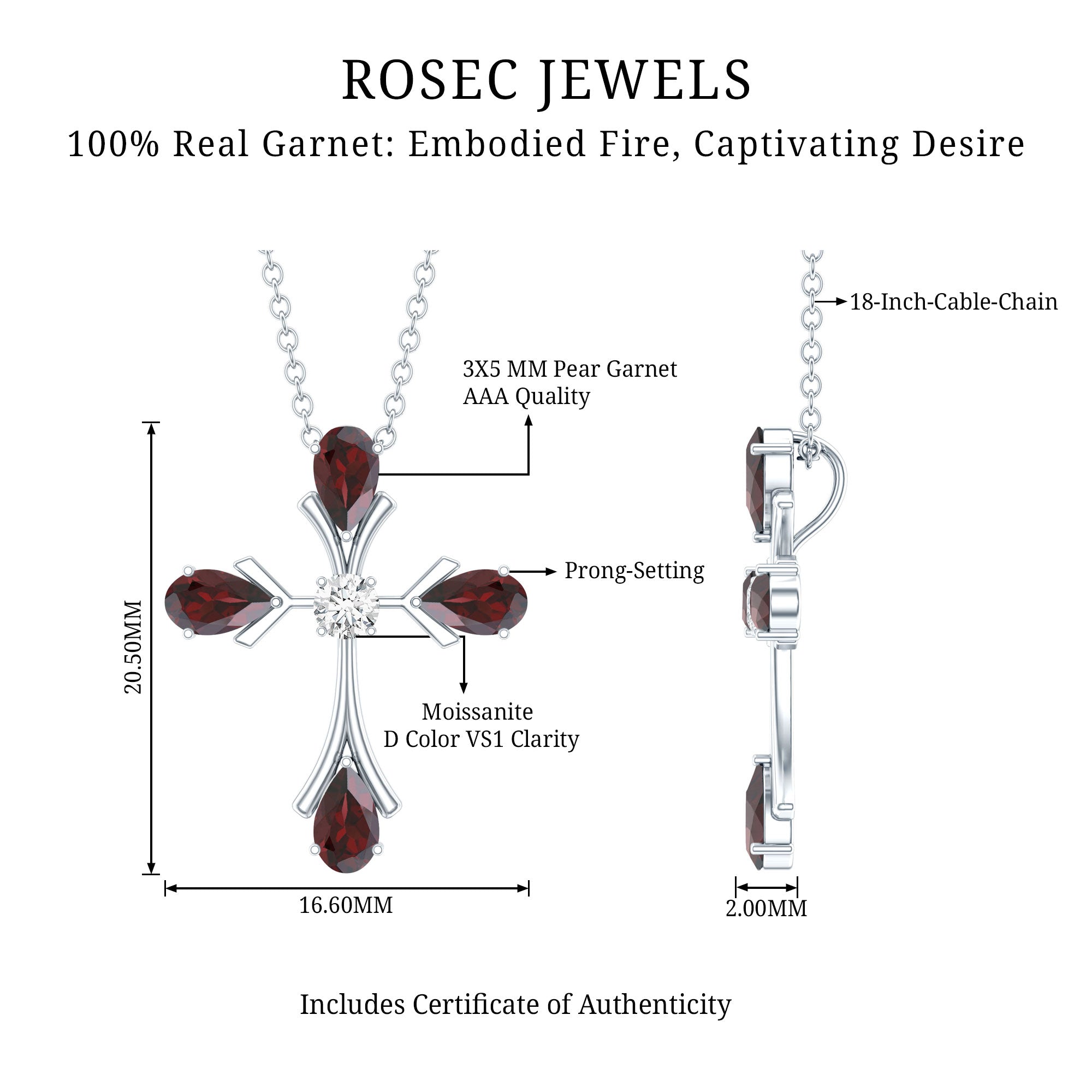 Real Garnet Designer Cross Necklace with Silver Chain AAA 92.5 Sterling Silver - Rosec Jewels