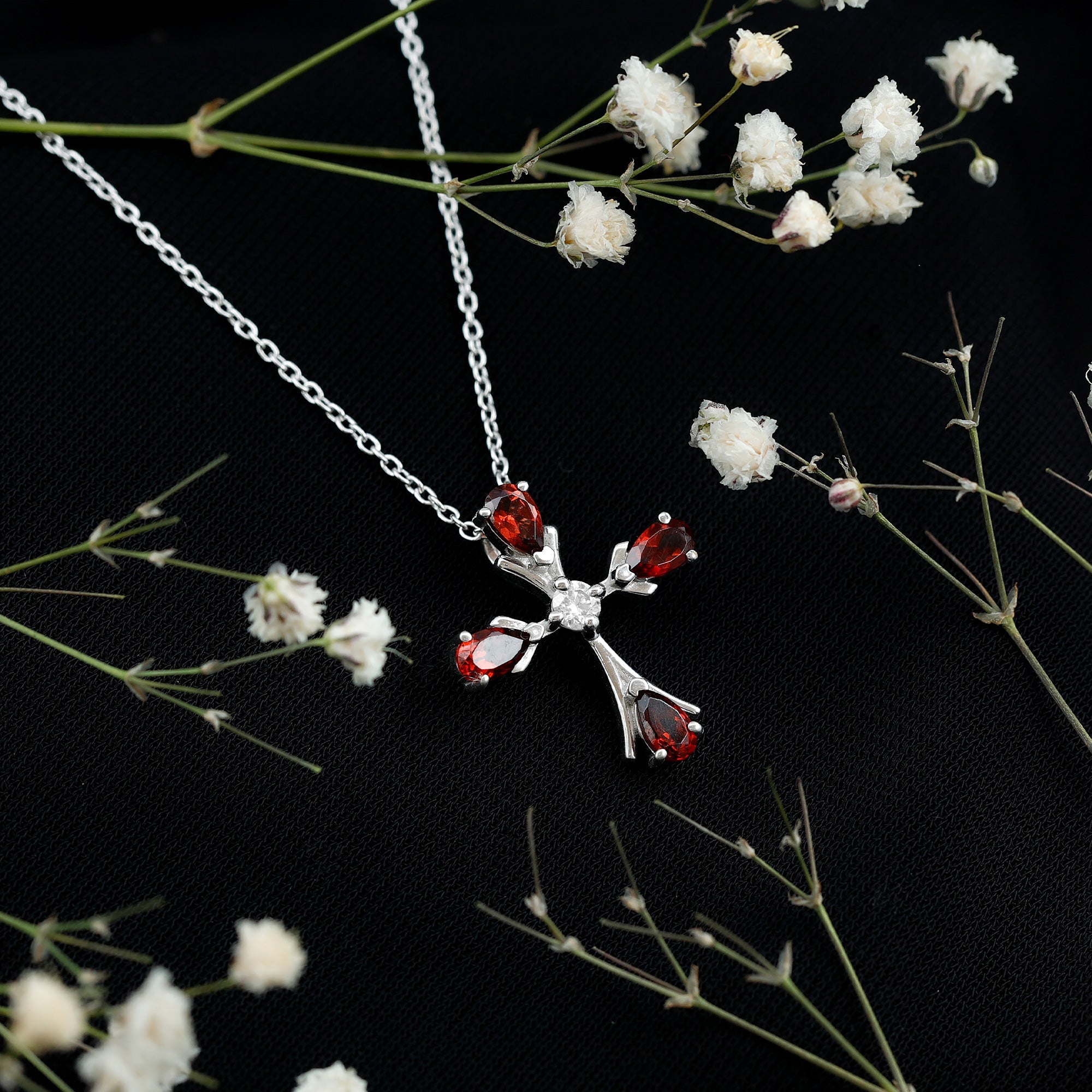Real Garnet Designer Cross Necklace with Silver Chain AAA 92.5 Sterling Silver - Rosec Jewels