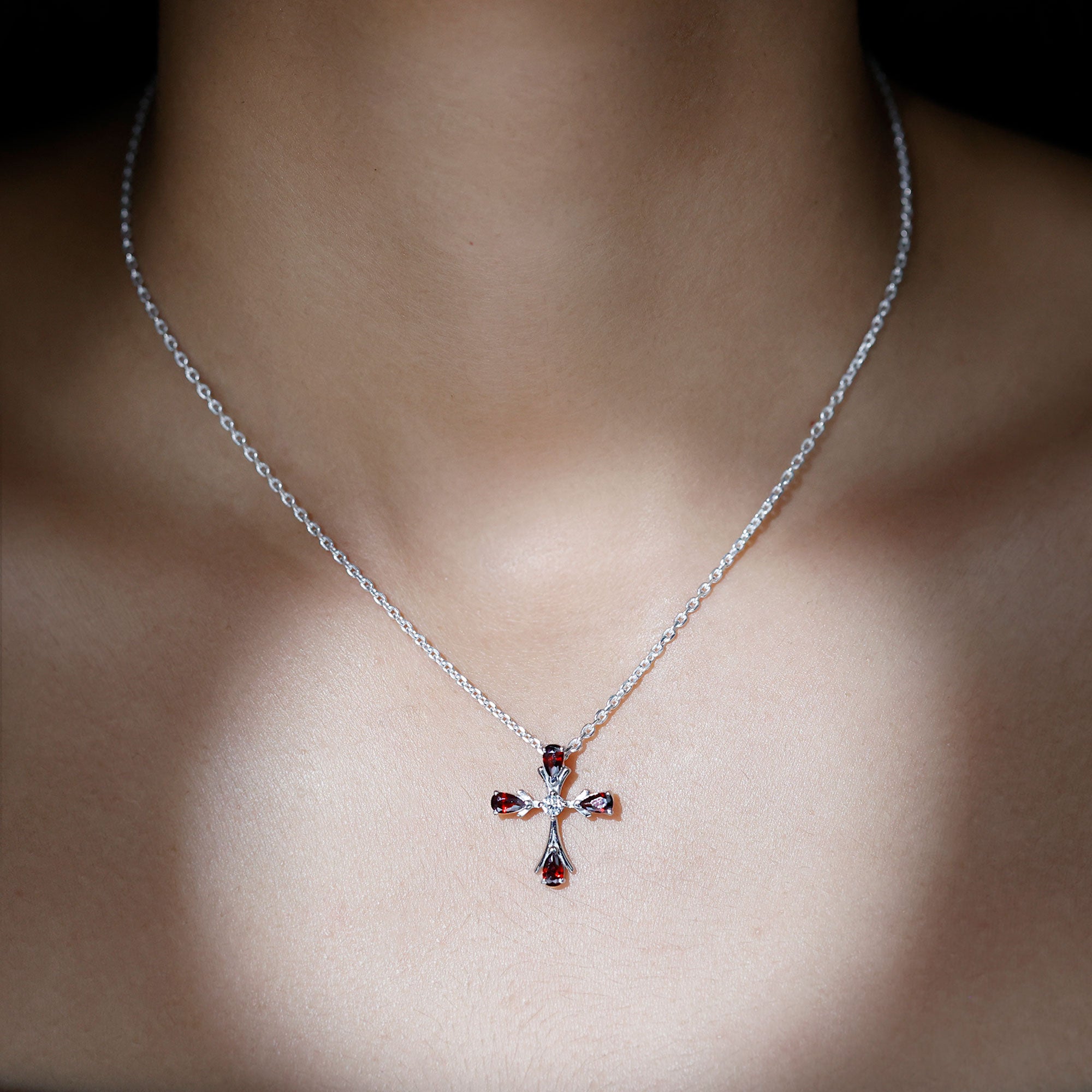 Real Garnet Designer Cross Necklace with Silver Chain AAA 92.5 Sterling Silver - Rosec Jewels