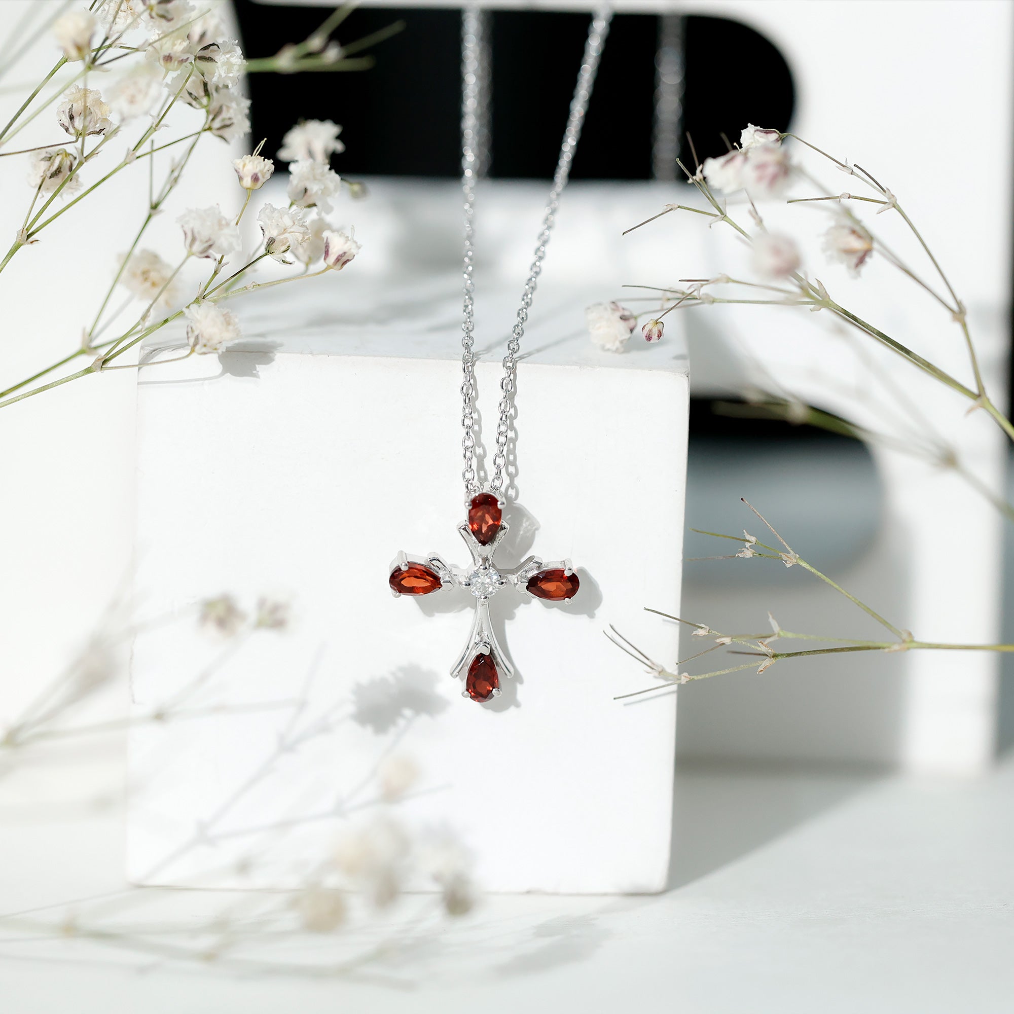 Real Garnet Designer Cross Necklace with Silver Chain AAA 92.5 Sterling Silver - Rosec Jewels