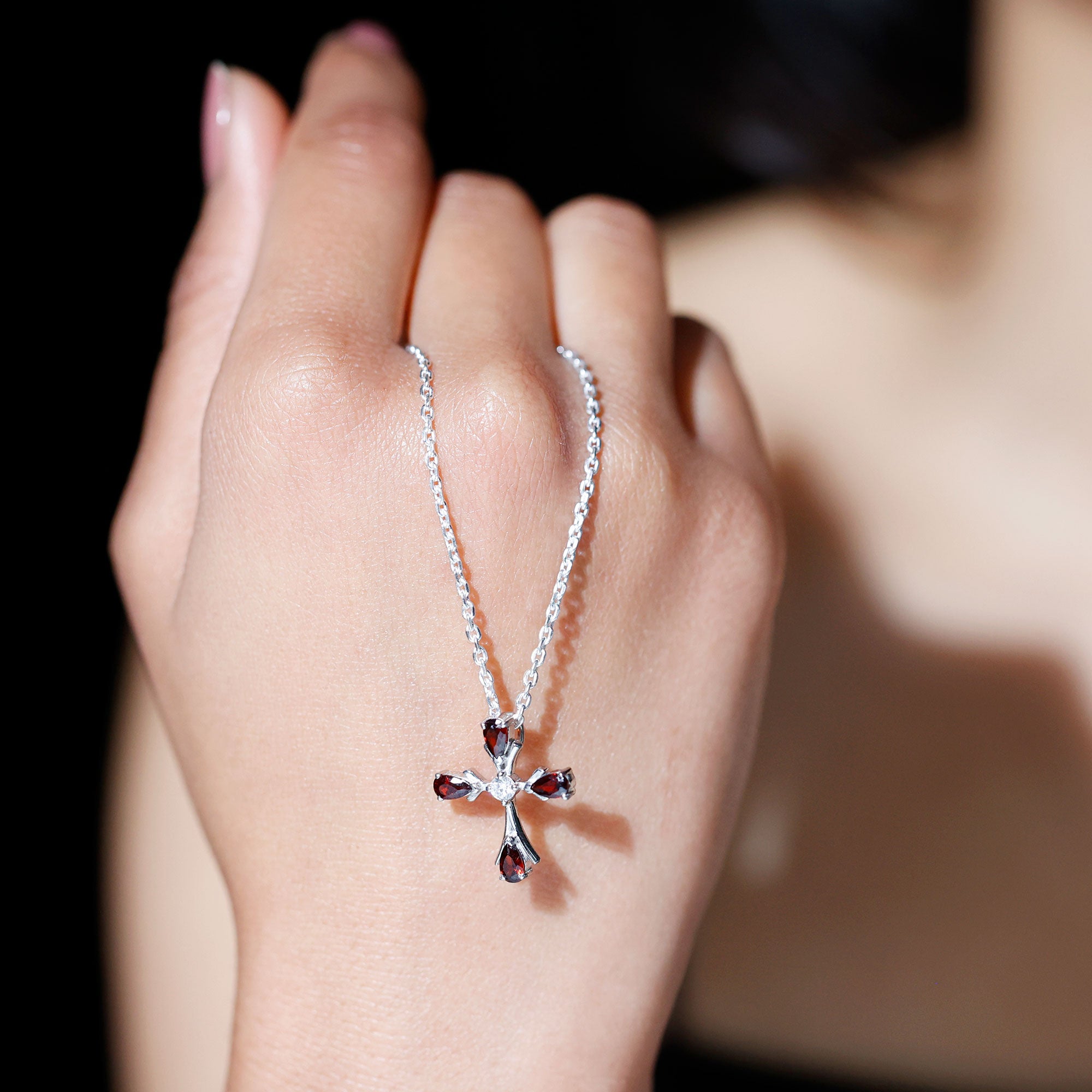Real Garnet Designer Cross Necklace with Silver Chain AAA 92.5 Sterling Silver - Rosec Jewels