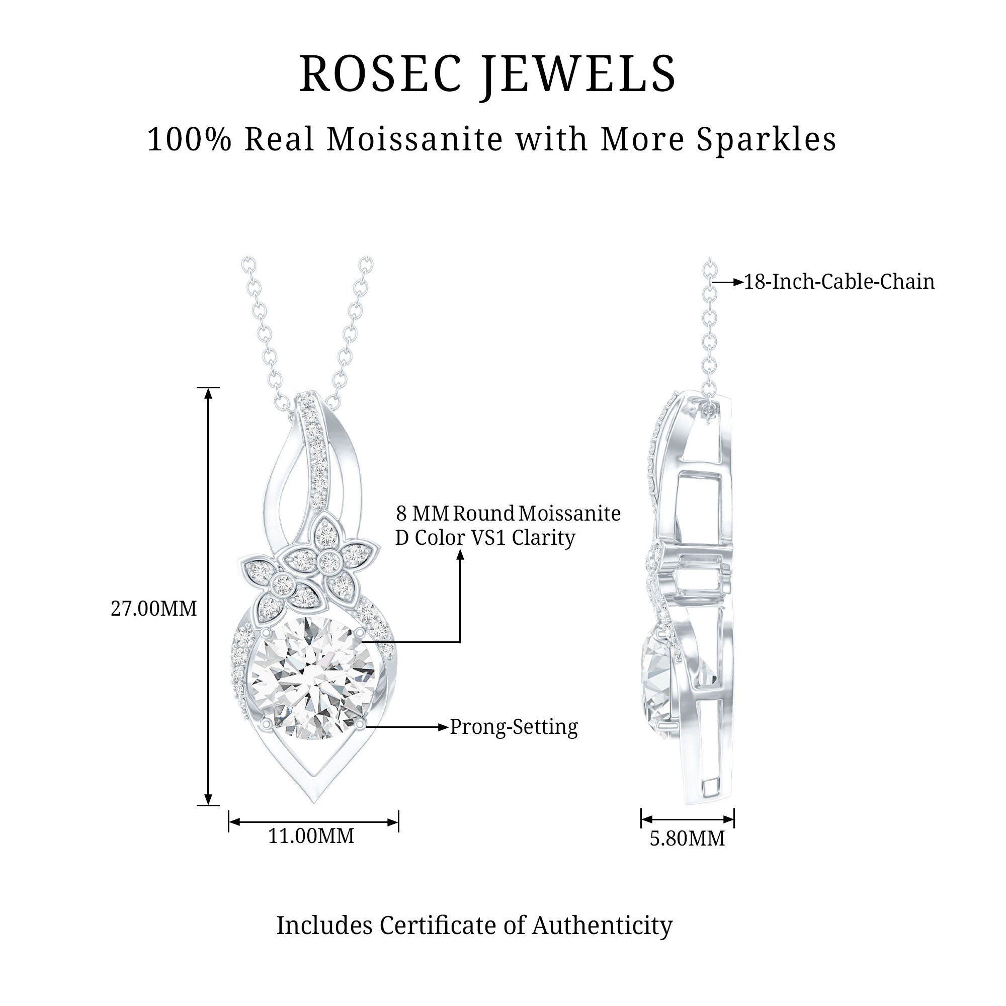 Certified Moissanite Designer Bridal Necklace For Wedding D-VS1 92.5 Sterling Silver - Rosec Jewels