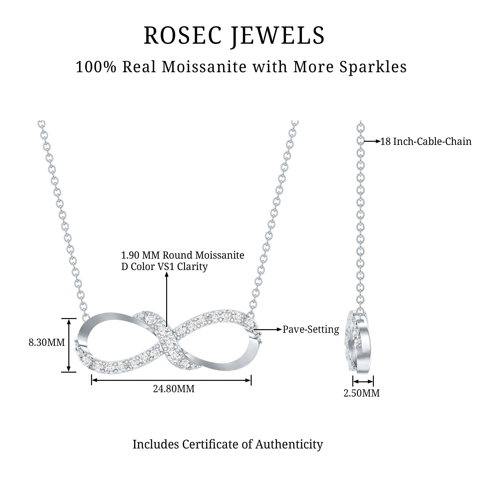 Moissanite Infinity Necklace with Silver Chain D-VS1 92.5 Sterling Silver - Rosec Jewels