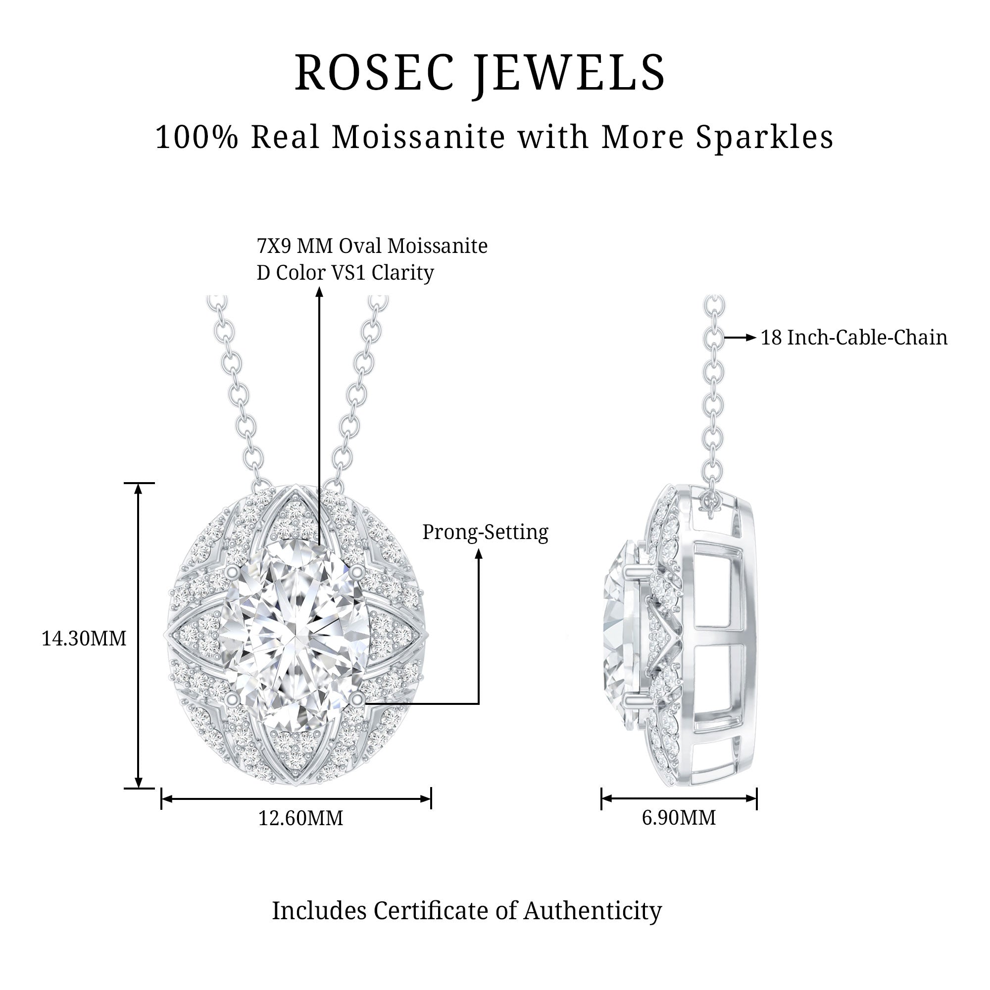 Art Deco Style 2 Carat Moissanite Designer Necklace with Silver Chain D-VS1 92.5 Sterling Silver - Rosec Jewels
