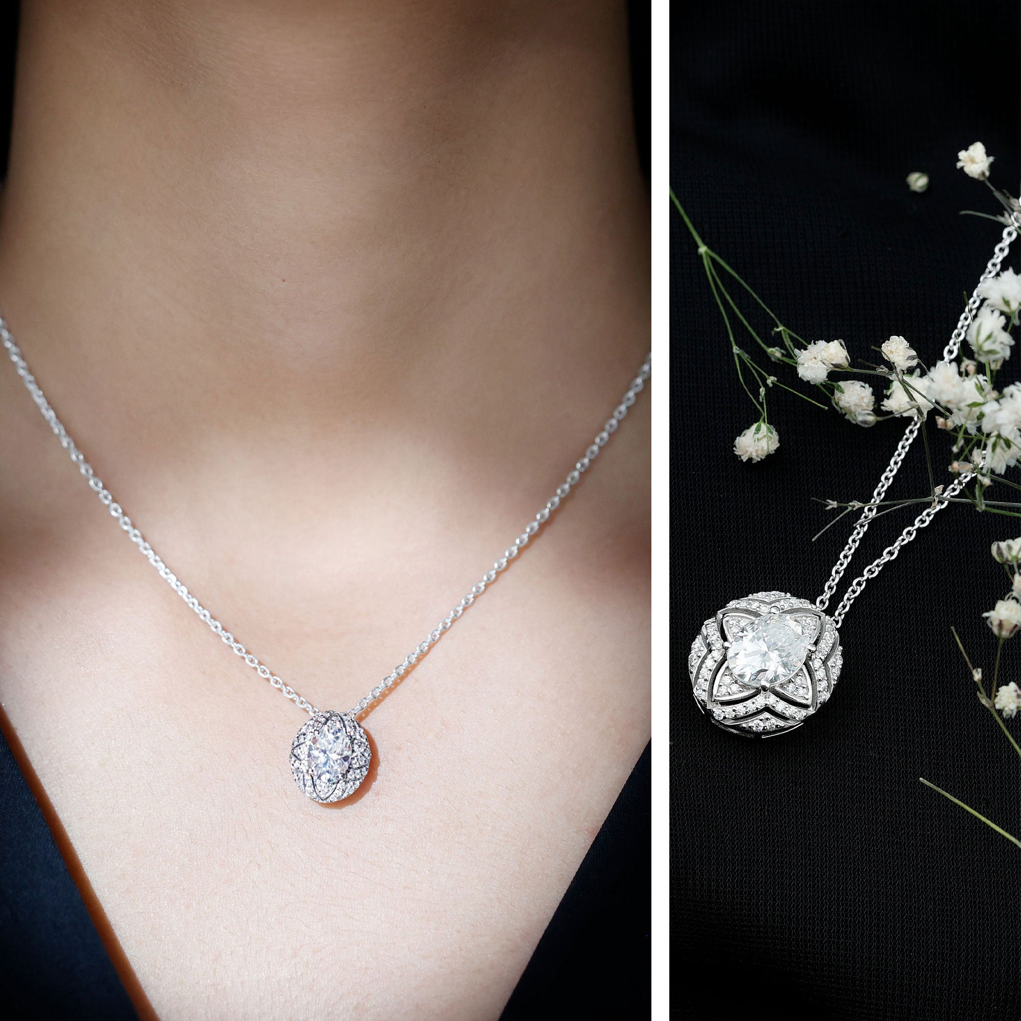 Art Deco Style 2 Carat Moissanite Designer Necklace with Silver Chain D-VS1 92.5 Sterling Silver - Rosec Jewels