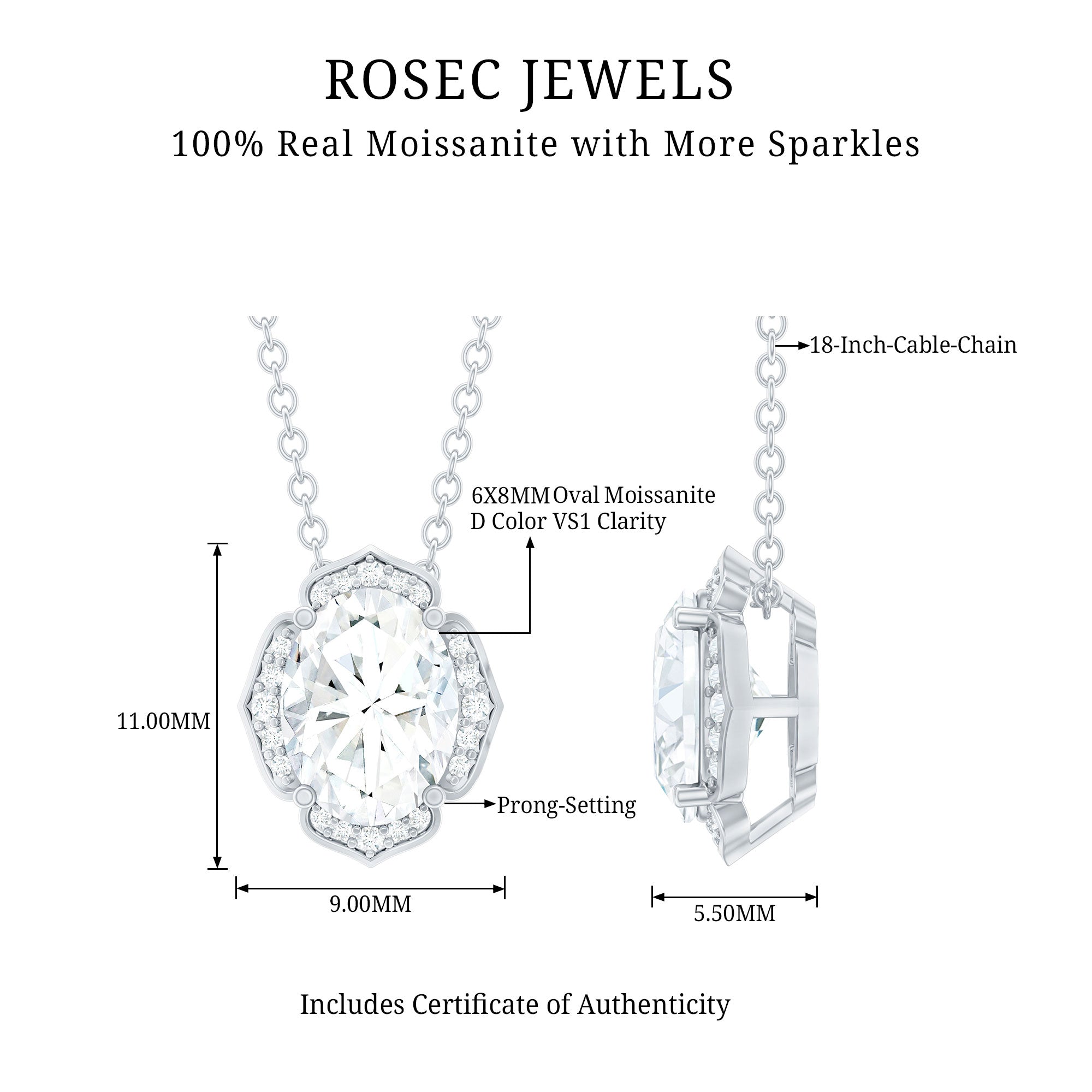 6X8 MM Moissanite Statement Necklace With Silver Chain D-VS1 92.5 Sterling Silver - Rosec Jewels