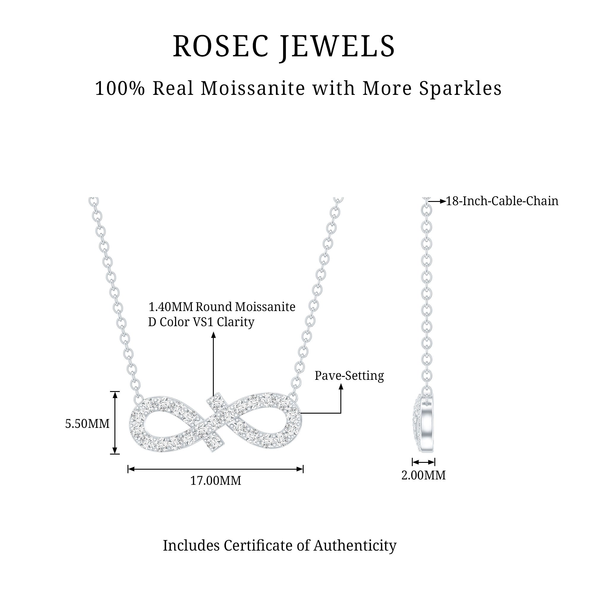 Moissanite Infinity Stackable Necklace in 14K Gold Plated Silver D-VS1 92.5 Sterling Silver - Rosec Jewels