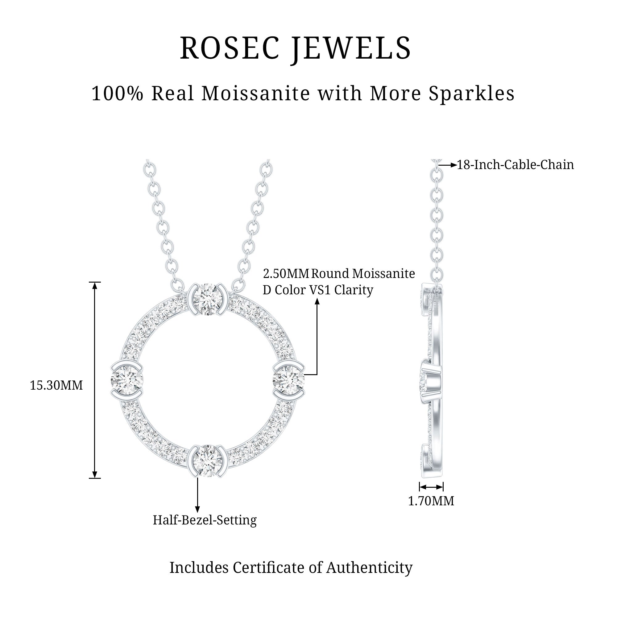 Sterling Silver Moissanite Eternity Necklace With Chain D-VS1 92.5 Sterling Silver - Rosec Jewels