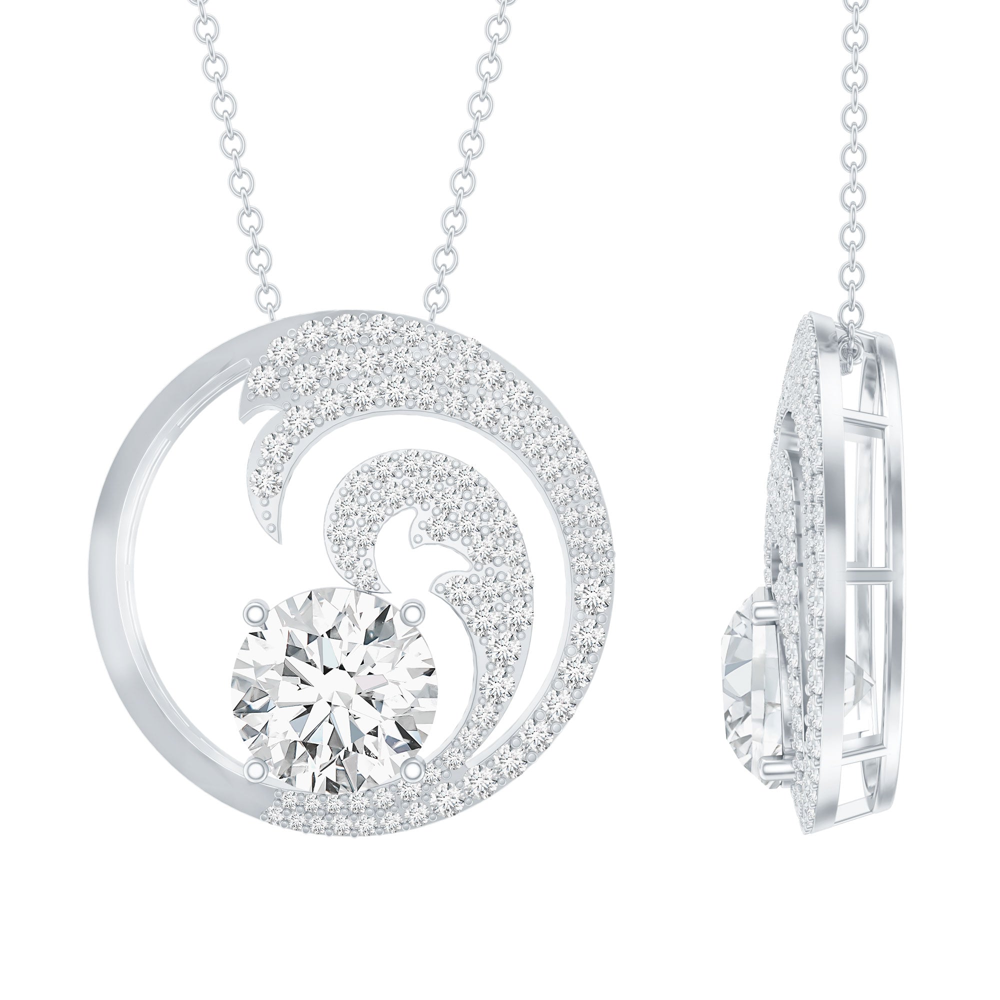 Certified Moissanite Ocean Wave Necklace with Silver Chain D-VS1 92.5 Sterling Silver - Rosec Jewels