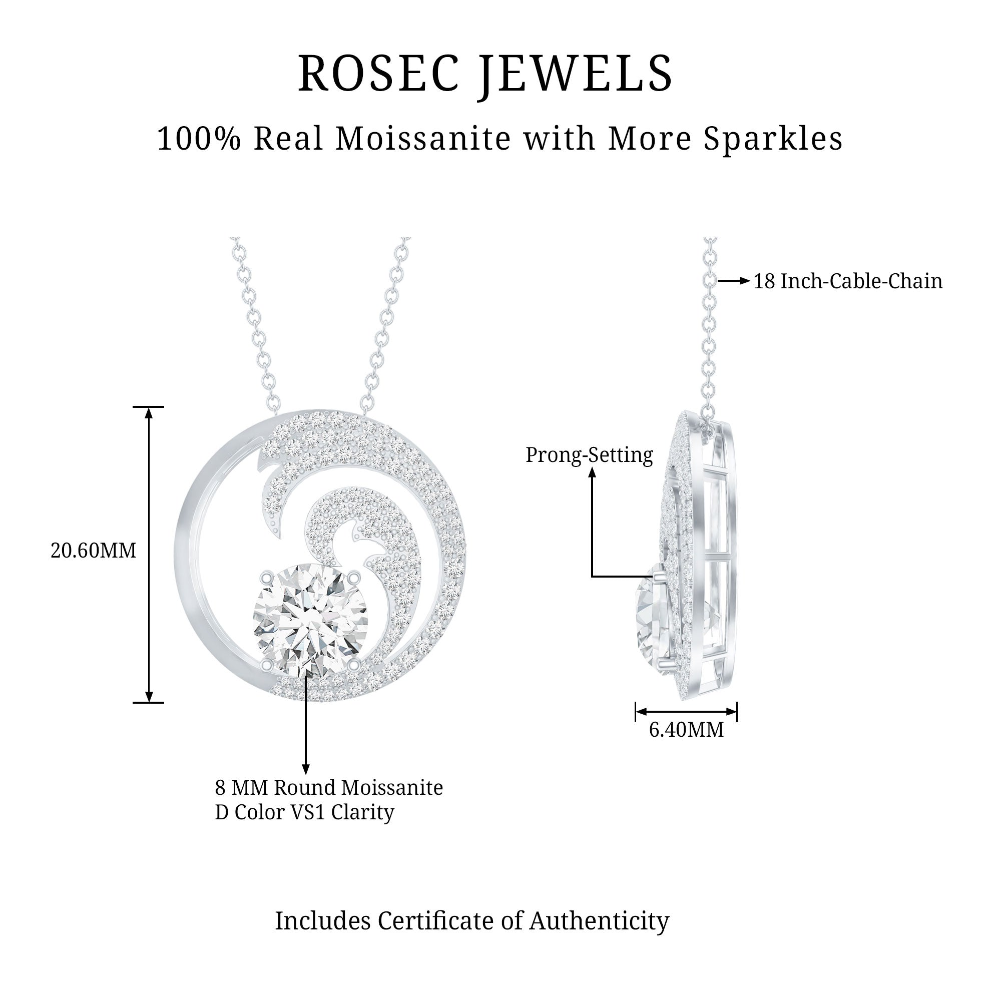 Certified Moissanite Ocean Wave Necklace with Silver Chain D-VS1 92.5 Sterling Silver - Rosec Jewels