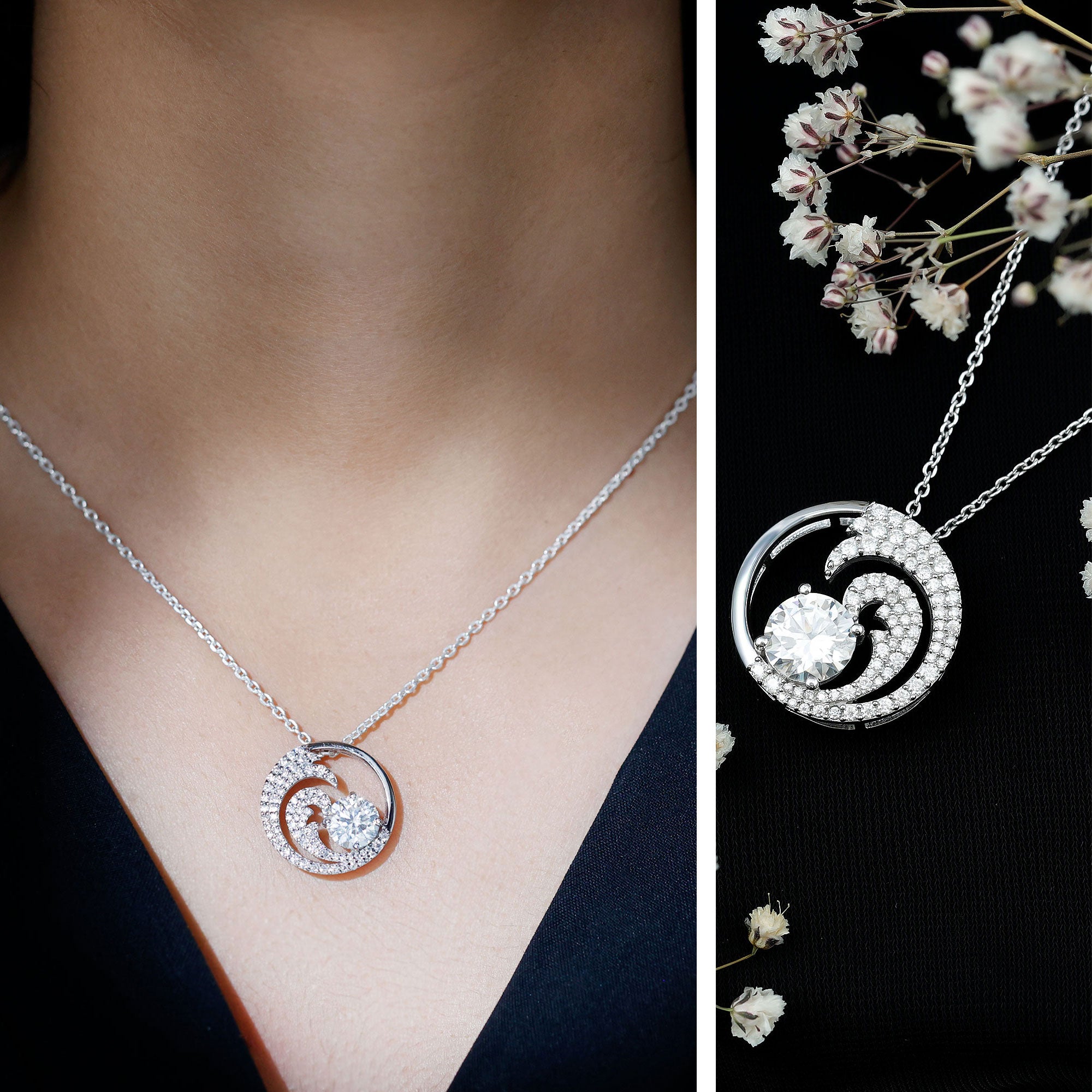 Certified Moissanite Ocean Wave Necklace with Silver Chain D-VS1 92.5 Sterling Silver - Rosec Jewels