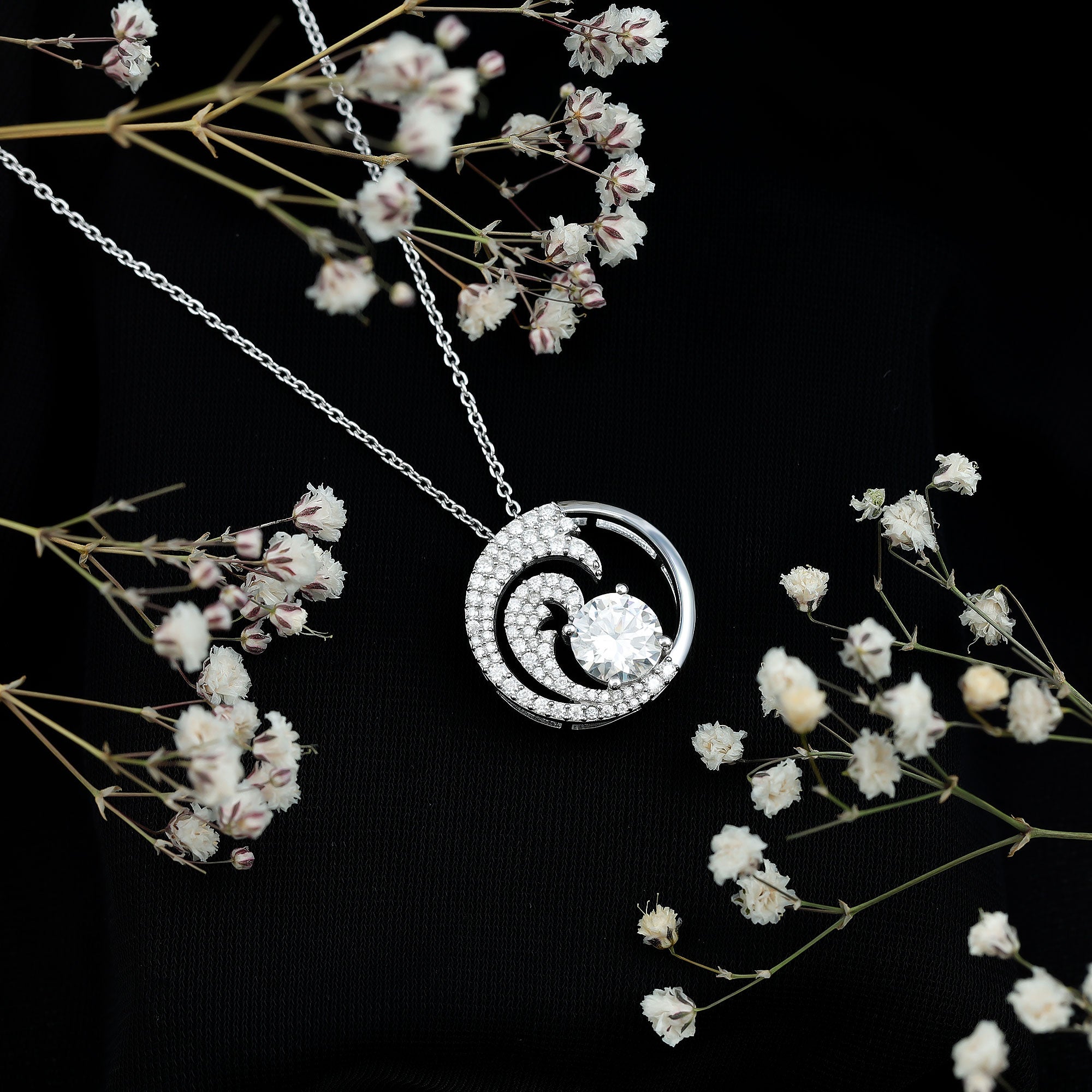 Certified Moissanite Ocean Wave Necklace with Silver Chain D-VS1 92.5 Sterling Silver - Rosec Jewels