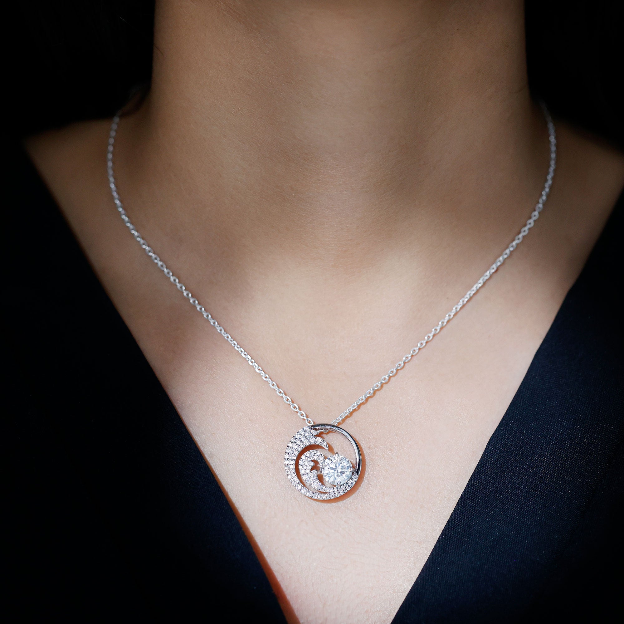 Certified Moissanite Ocean Wave Necklace with Silver Chain D-VS1 92.5 Sterling Silver - Rosec Jewels