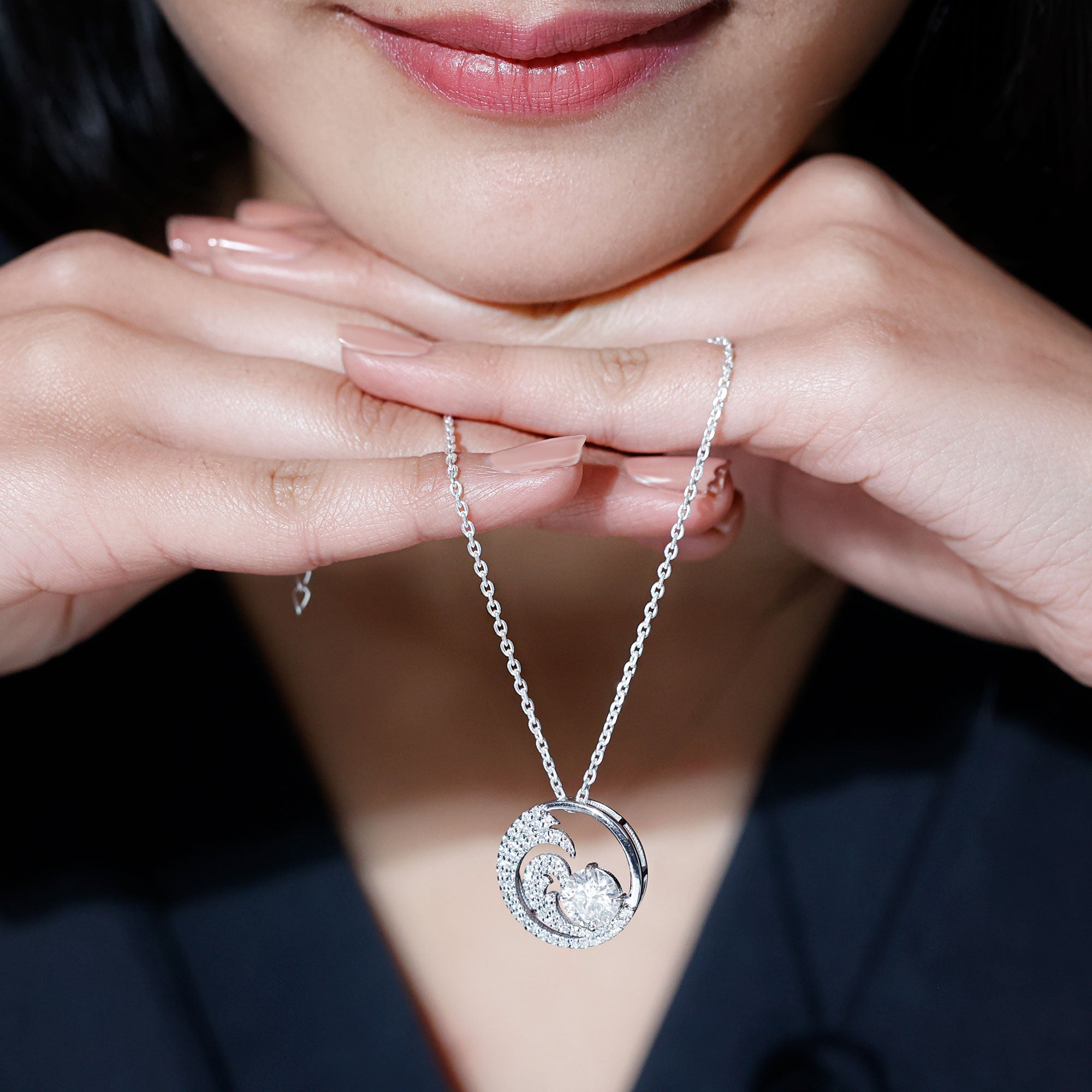 Certified Moissanite Ocean Wave Necklace with Silver Chain D-VS1 92.5 Sterling Silver - Rosec Jewels