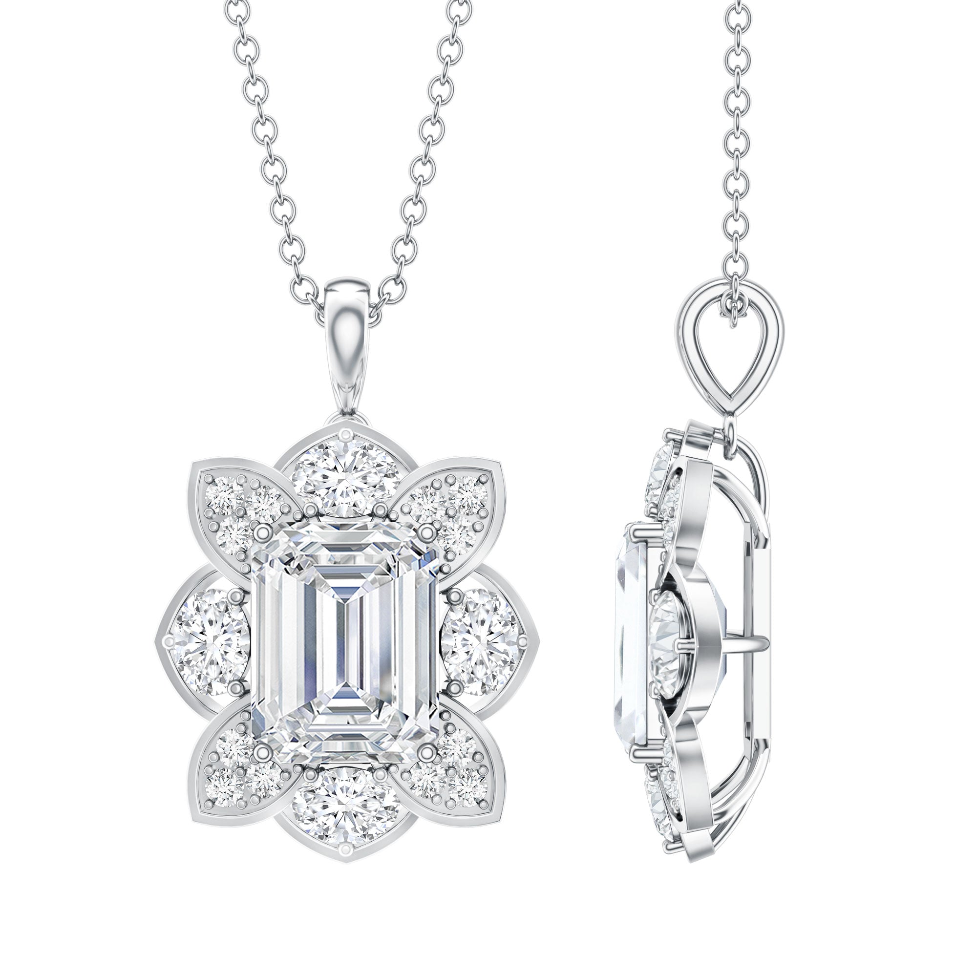 Certified 2.8 Carat Emerald Cut Moissanite Designer Necklace With Silver Chain D-VS1 92.5 Sterling Silver - Rosec Jewels