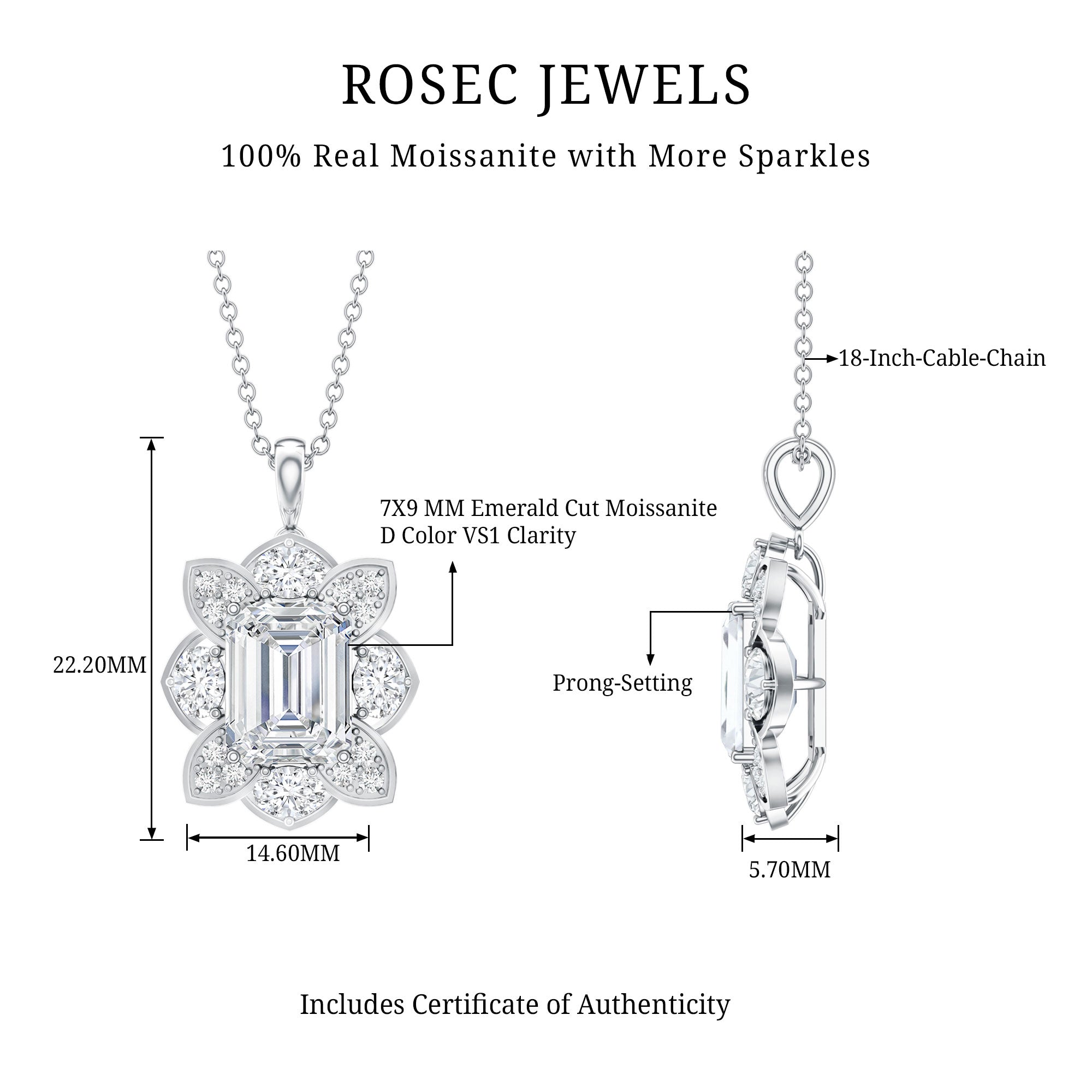 Certified 2.8 Carat Emerald Cut Moissanite Designer Necklace With Silver Chain D-VS1 92.5 Sterling Silver - Rosec Jewels