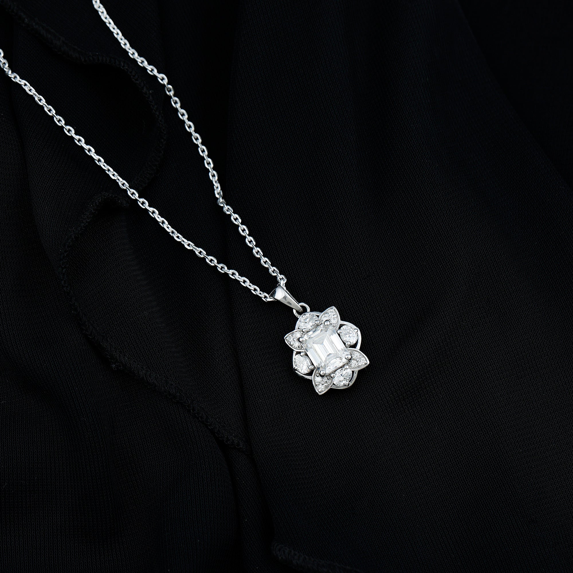 Certified 2.8 Carat Emerald Cut Moissanite Designer Necklace With Silver Chain D-VS1 92.5 Sterling Silver - Rosec Jewels