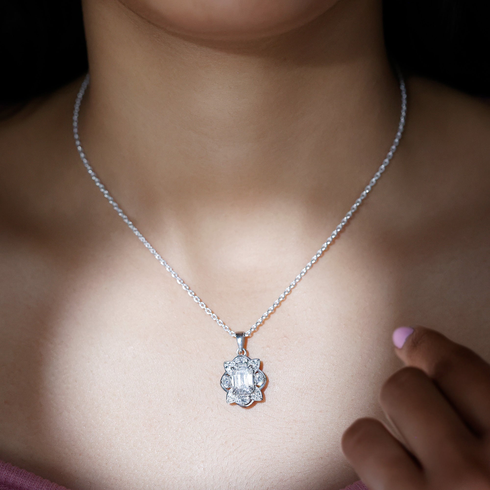 Certified 2.8 Carat Emerald Cut Moissanite Designer Necklace With Silver Chain D-VS1 92.5 Sterling Silver - Rosec Jewels