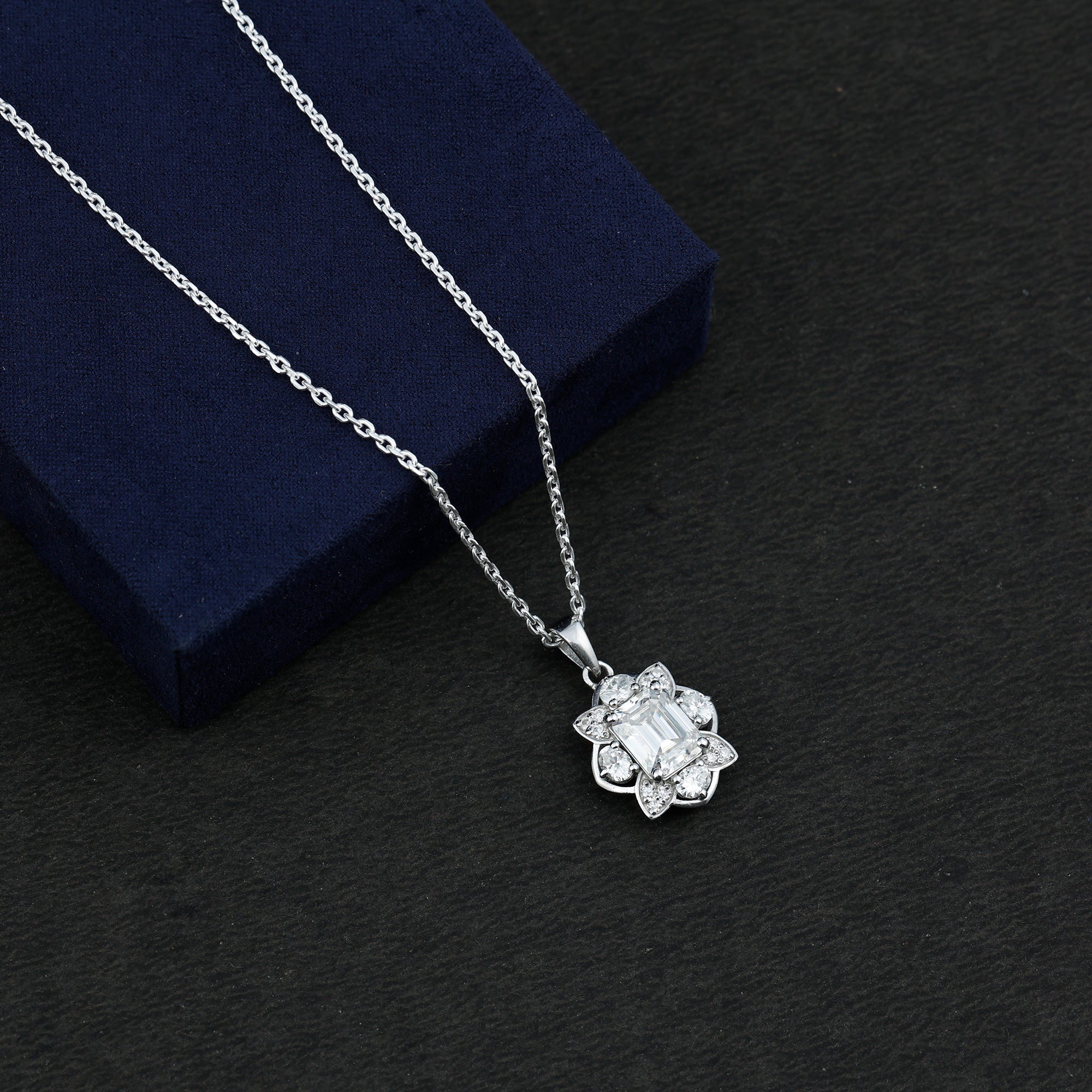Certified 2.8 Carat Emerald Cut Moissanite Designer Necklace With Silver Chain D-VS1 92.5 Sterling Silver - Rosec Jewels