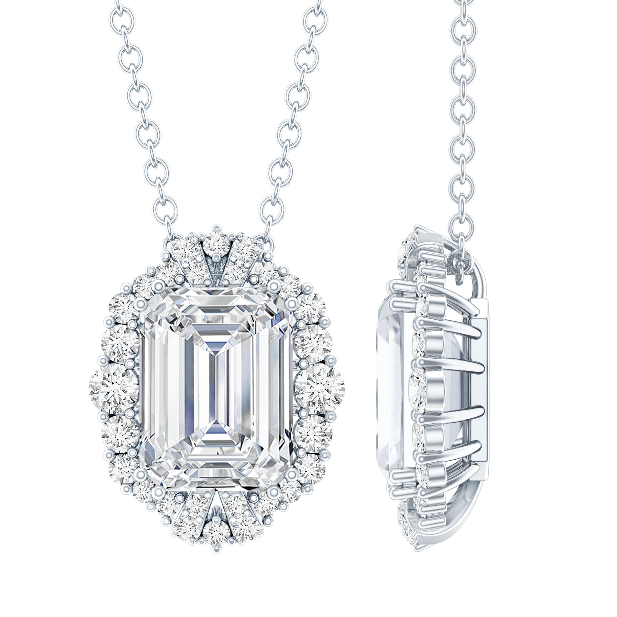 Certified 2.8 Carat Emerald Cut Moissanite Wedding Necklace in Silver D-VS1 92.5 Sterling Silver - Rosec Jewels