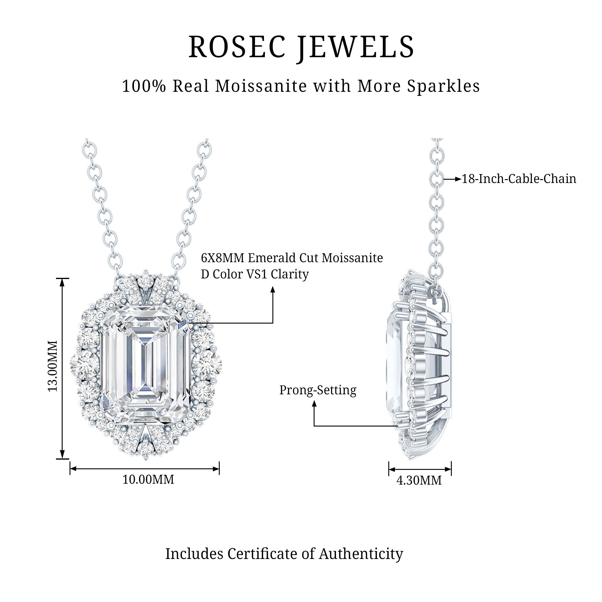 Certified 2.8 Carat Emerald Cut Moissanite Wedding Necklace in Silver D-VS1 92.5 Sterling Silver - Rosec Jewels
