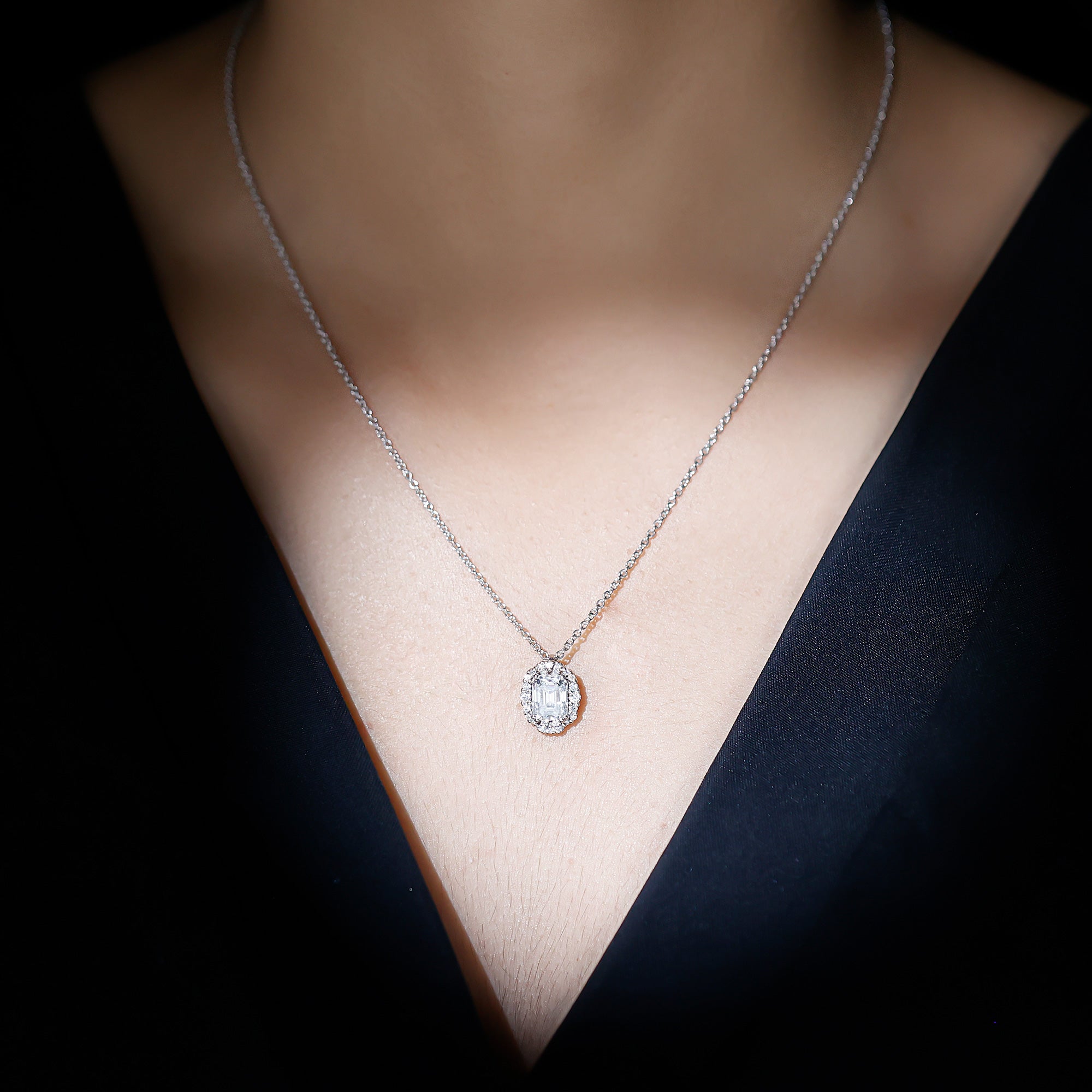 Certified 2.8 Carat Emerald Cut Moissanite Wedding Necklace in Silver D-VS1 92.5 Sterling Silver - Rosec Jewels
