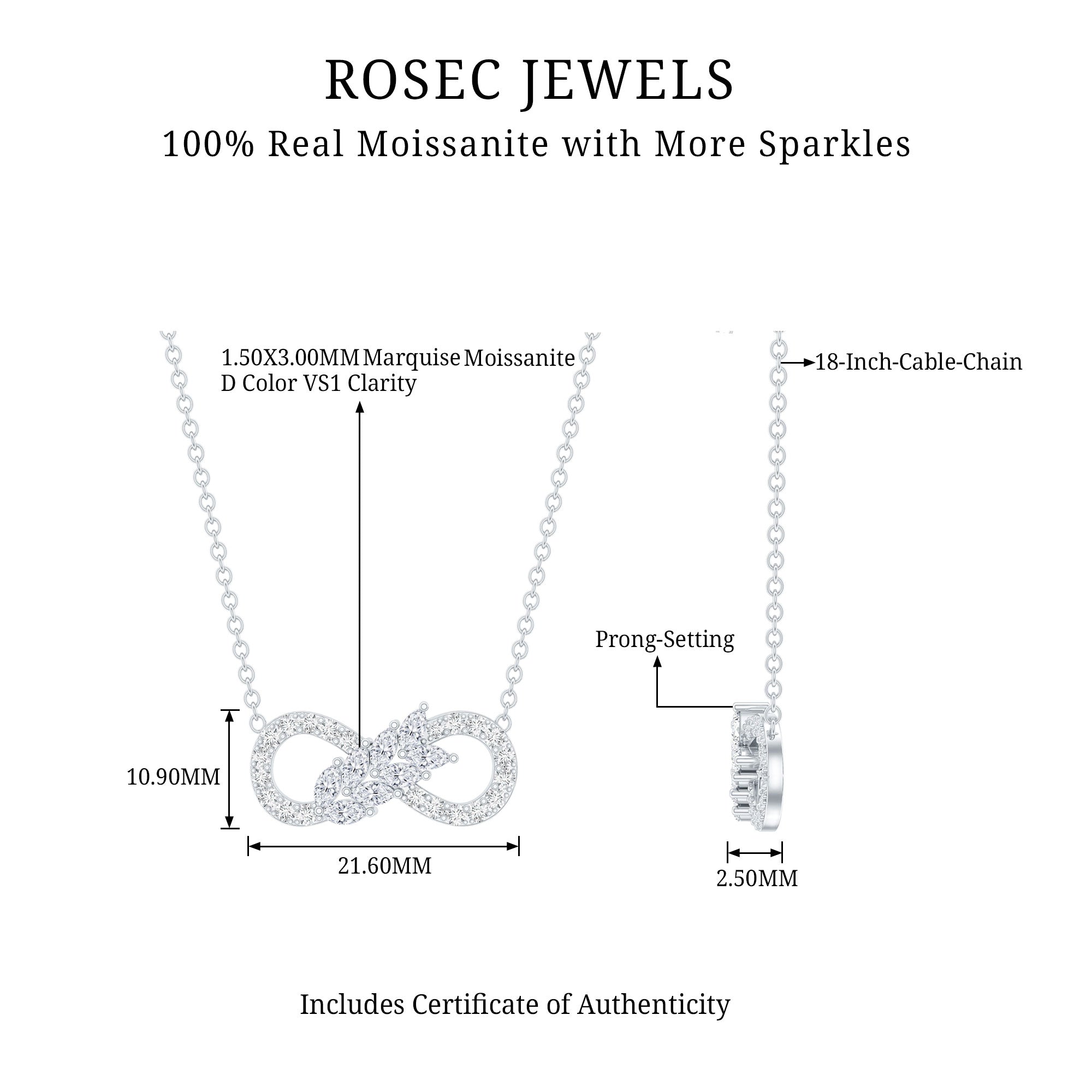 Certified Sterling Silver Moissanite Infinity Necklace D-VS1 92.5 Sterling Silver - Rosec Jewels