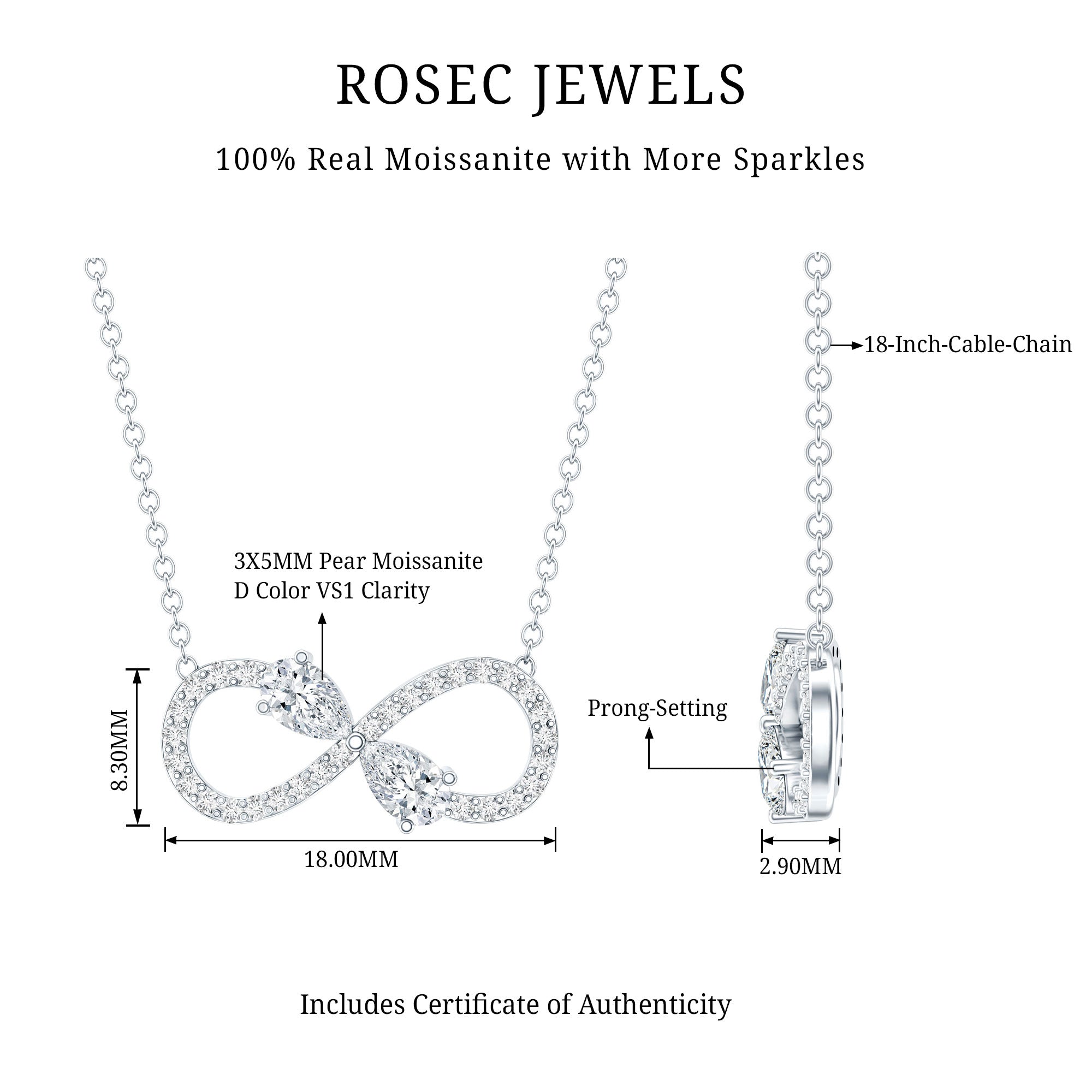 Certified Moissanite Forever Symbol Necklace for Women D-VS1 92.5 Sterling Silver - Rosec Jewels
