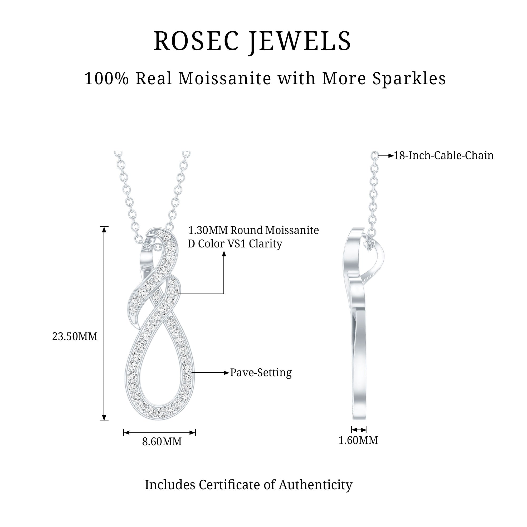 Certified Moissanite Infinity Pendant Necklace with Silver Chain D-VS1 92.5 Sterling Silver - Rosec Jewels