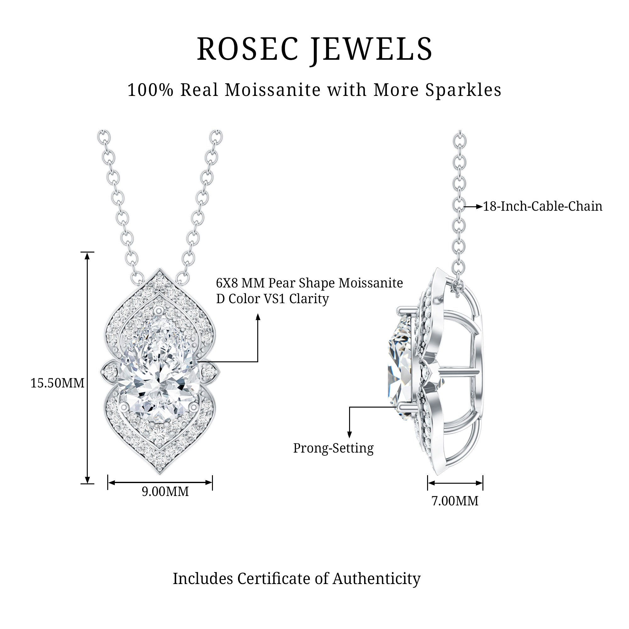 Certified 1.3 Carat Pear Cut Moissanite Vintage Necklace with Silver Chain D-VS1 92.5 Sterling Silver - Rosec Jewels