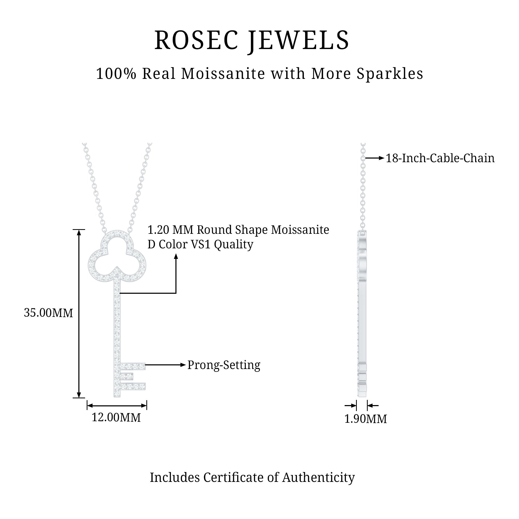 Certified Moissanite Key Pendant Necklace D-VS1 - Rosec Jewels