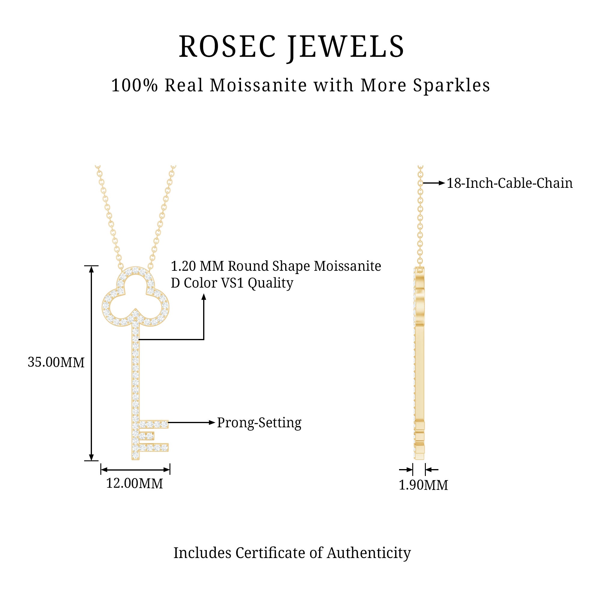 Certified Moissanite Key Pendant Necklace D-VS1 - Rosec Jewels