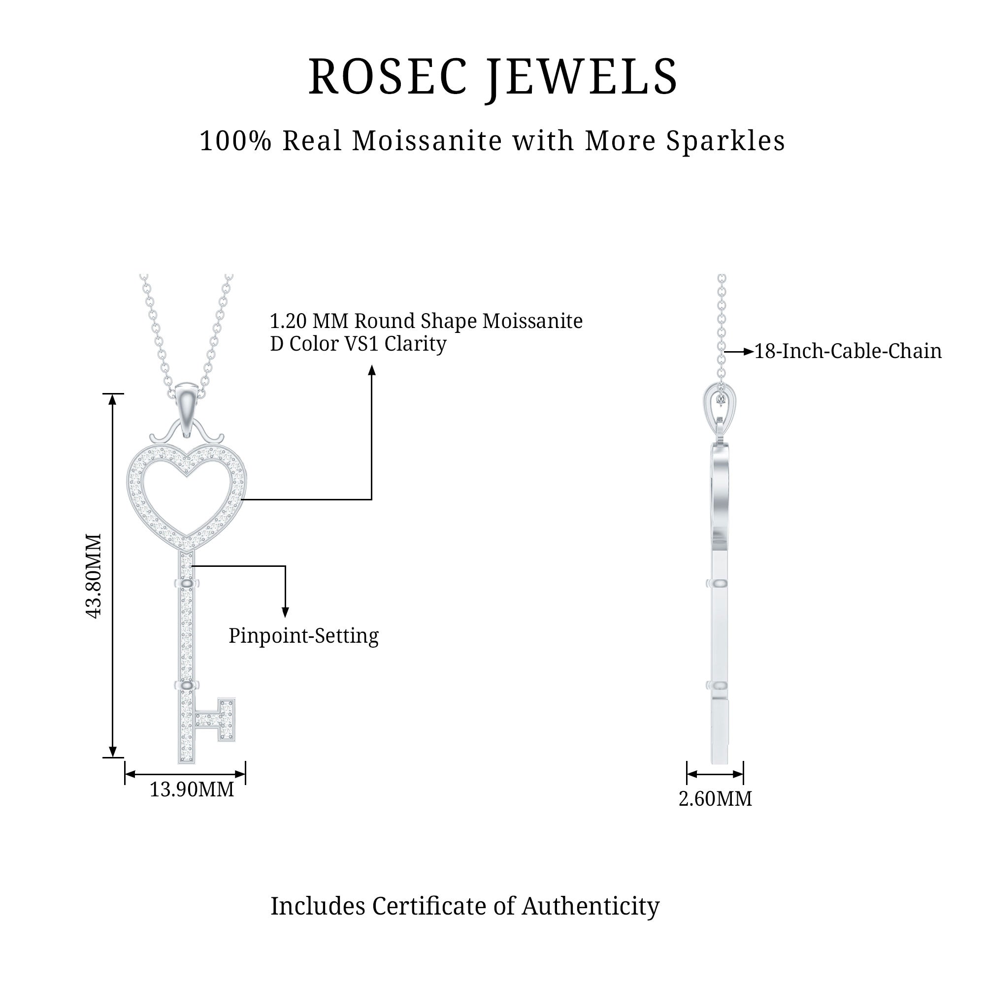 Certified Moissanite Key to My Heart Necklace D-VS1 - Rosec Jewels