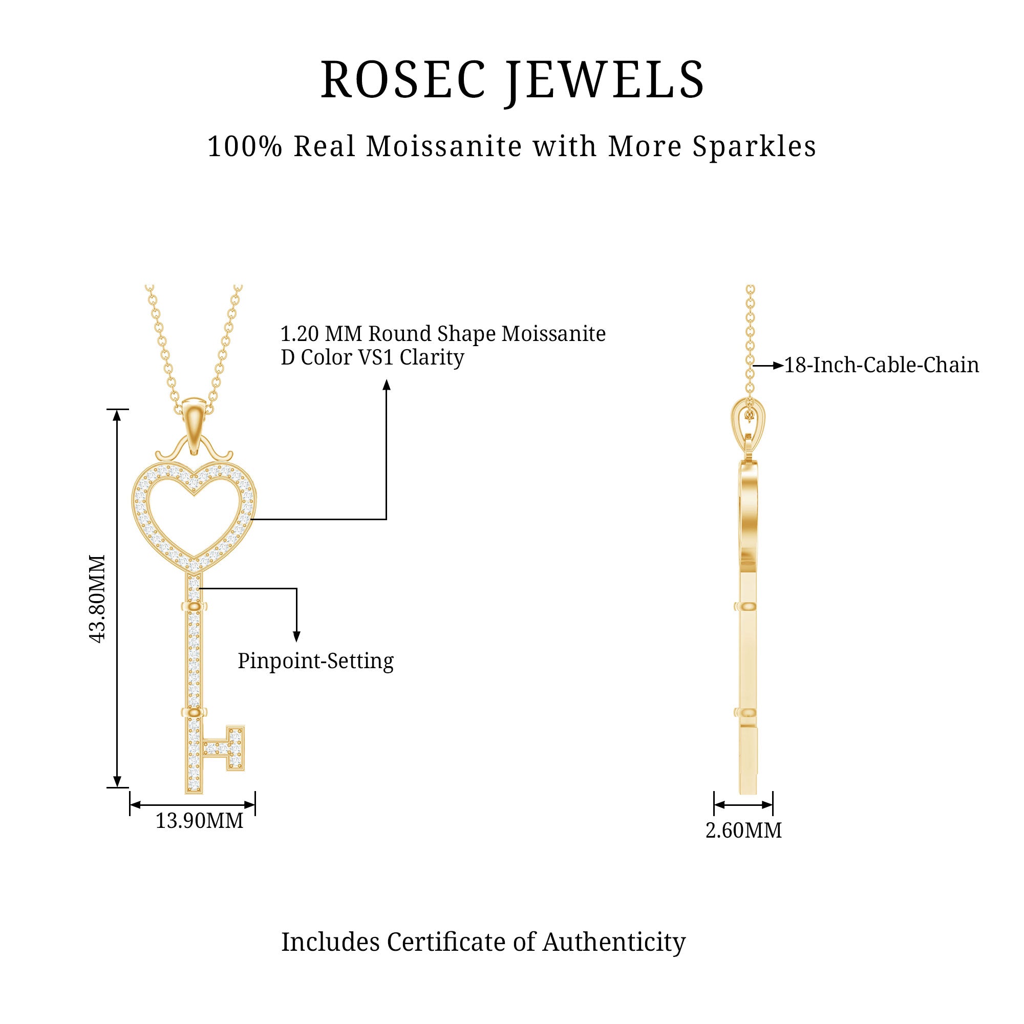 Certified Moissanite Key to My Heart Necklace D-VS1 - Rosec Jewels