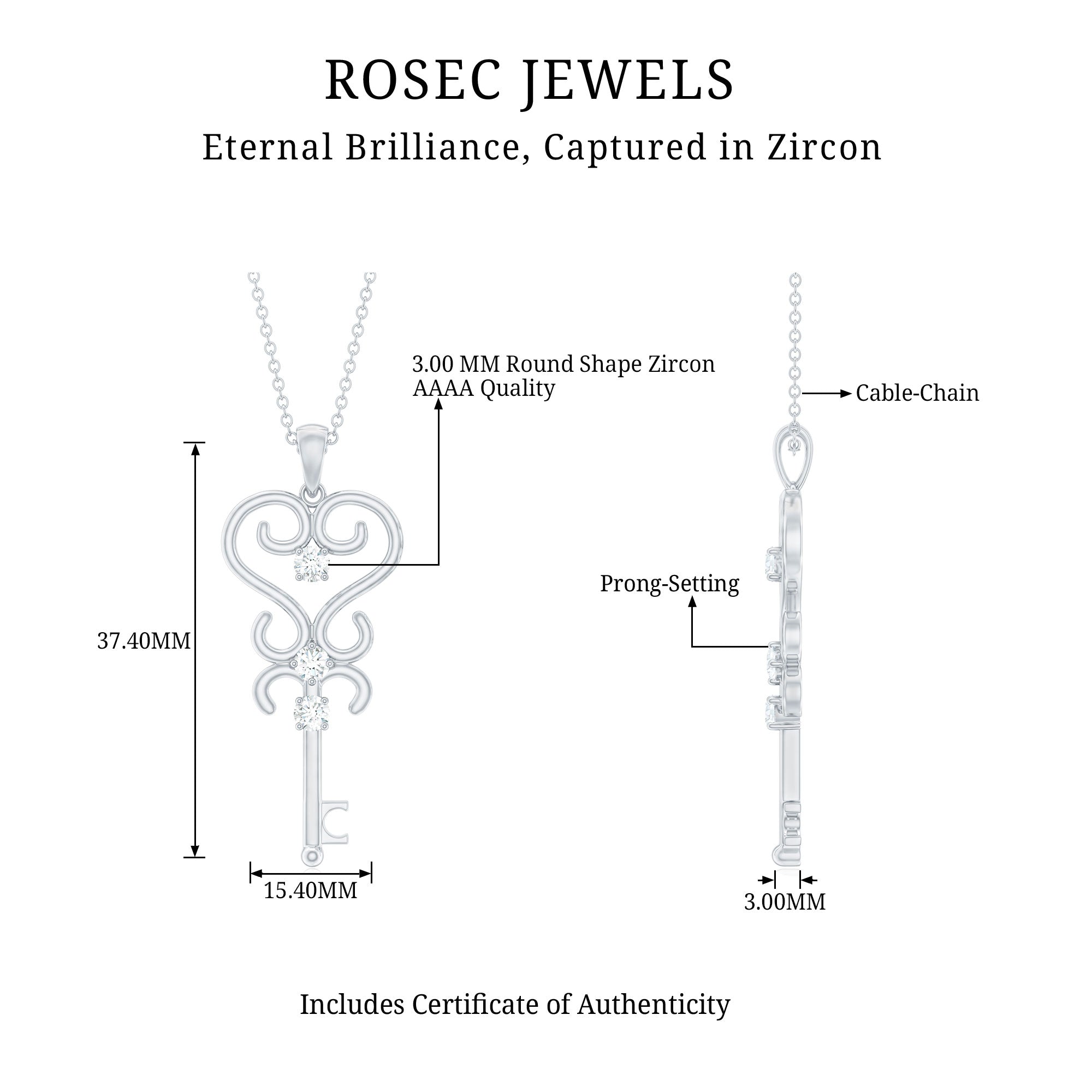 1/4 CT Vintage Zircon Key Pendant Necklace AAAA - Rosec Jewels