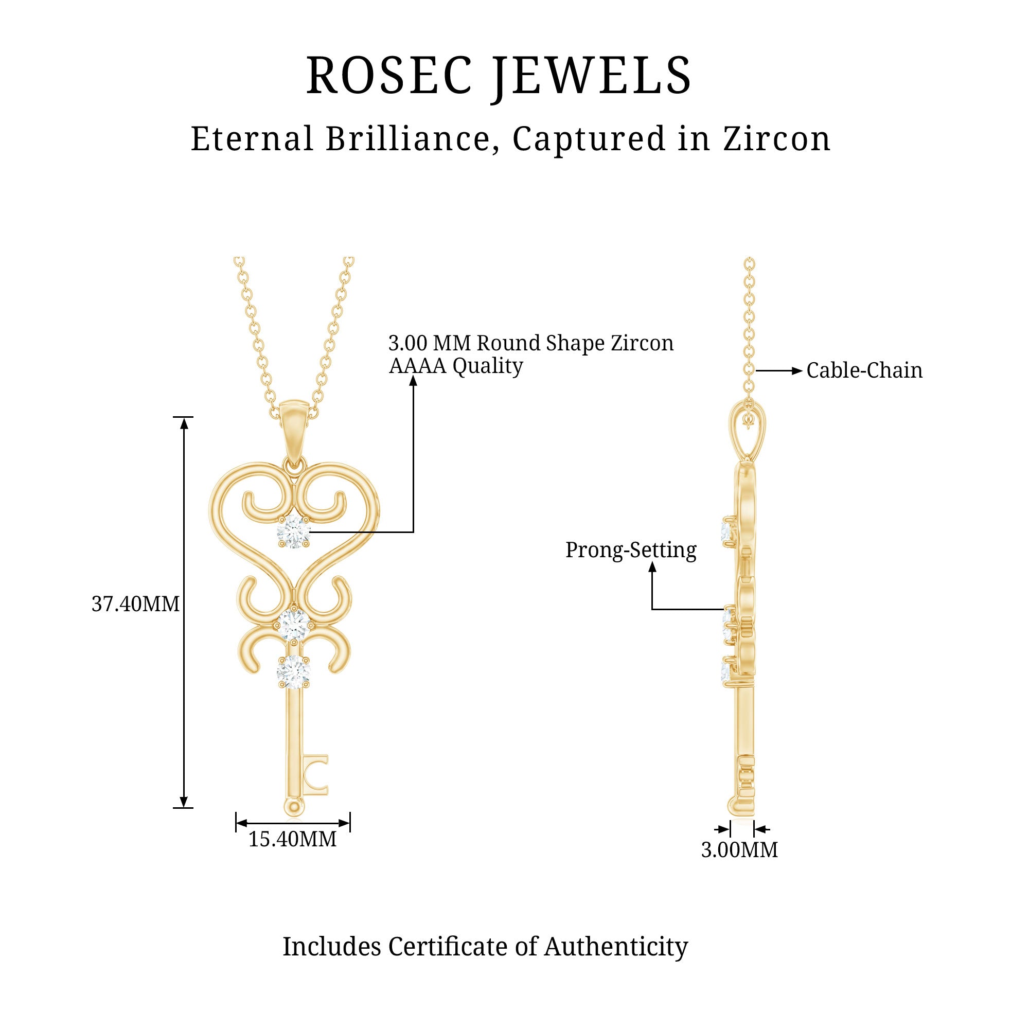 1/4 CT Vintage Zircon Key Pendant Necklace AAAA - Rosec Jewels