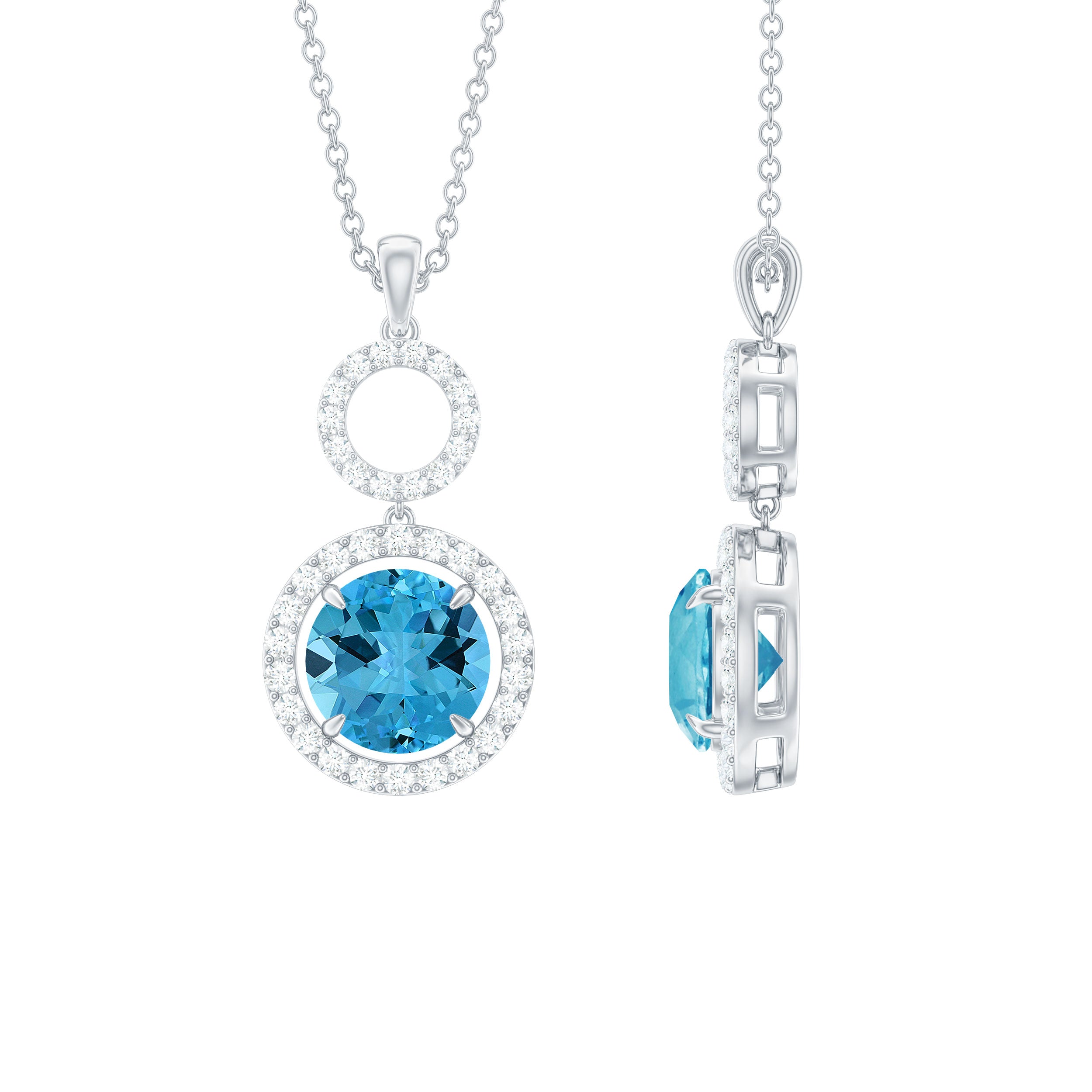 2.50 CT Swiss Blue Topaz Dangle Necklace with Diamond Halo